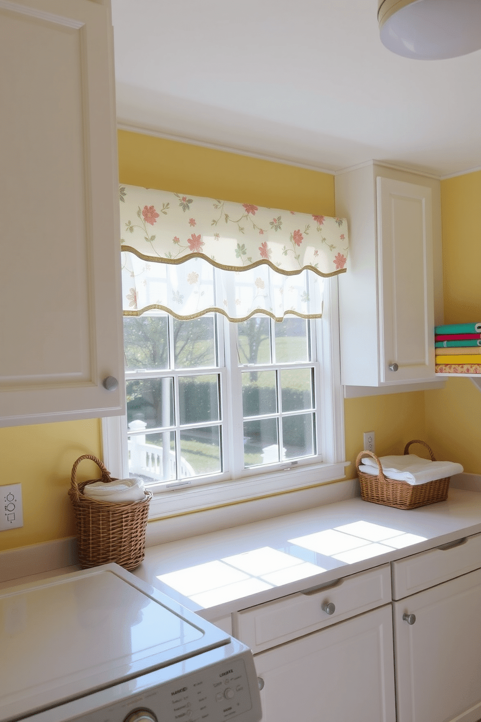 A bright and airy laundry room filled with natural light. The walls are painted a soft pastel yellow, and a cheerful window treatment with floral patterns adorns the window. There are white cabinets above a spacious countertop where fresh laundry is neatly folded. A stylish wicker basket sits in the corner, and colorful towels are displayed on a shelf for easy access.