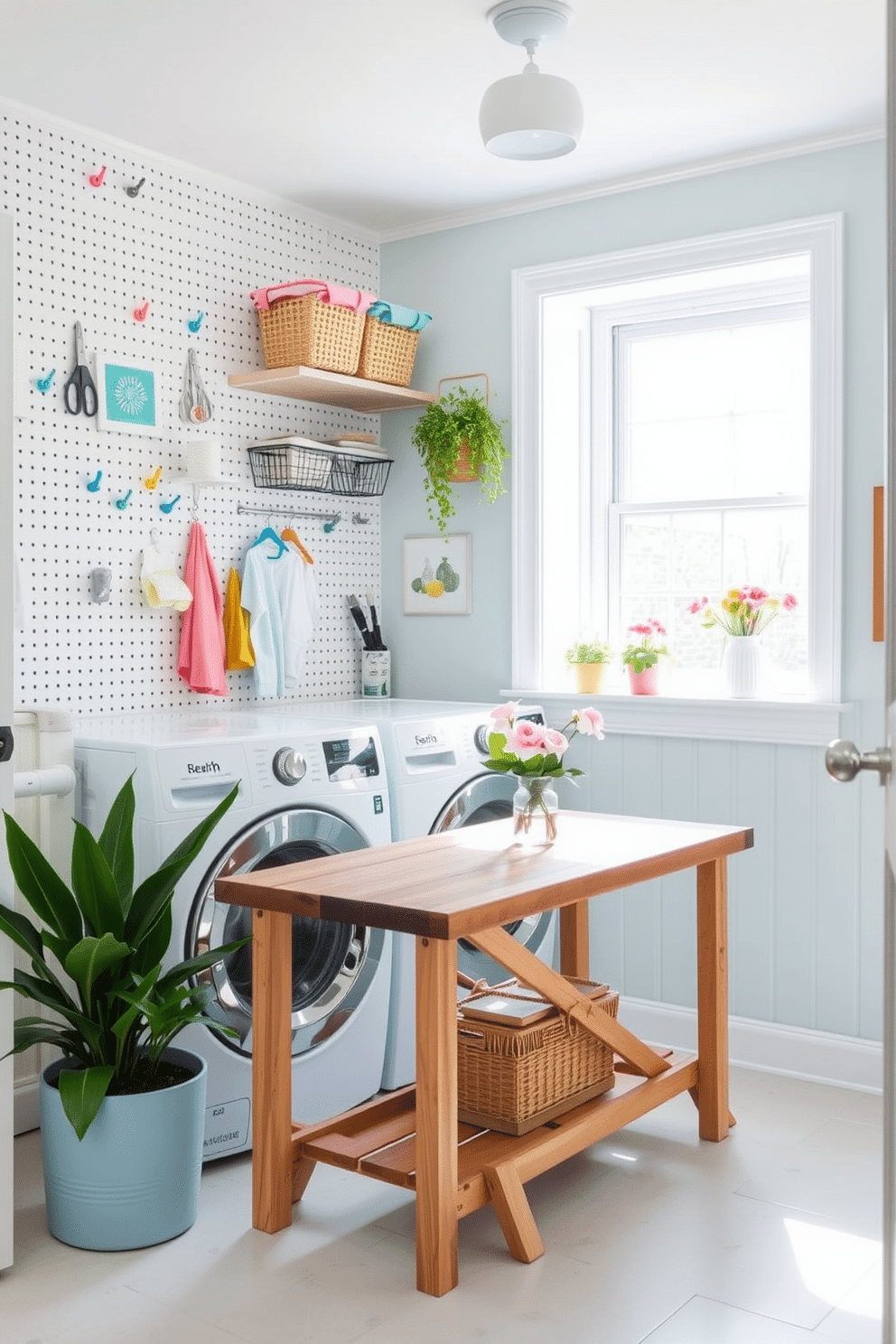 A bright and airy laundry room features a pegboard wall adorned with colorful hooks and baskets for organized storage. The space is enhanced with soft pastel colors, creating a cheerful atmosphere perfect for spring. Natural light floods in through a large window, illuminating a stylish folding table made of reclaimed wood. Potted plants and fresh flowers add a touch of nature, making the laundry space feel inviting and vibrant.