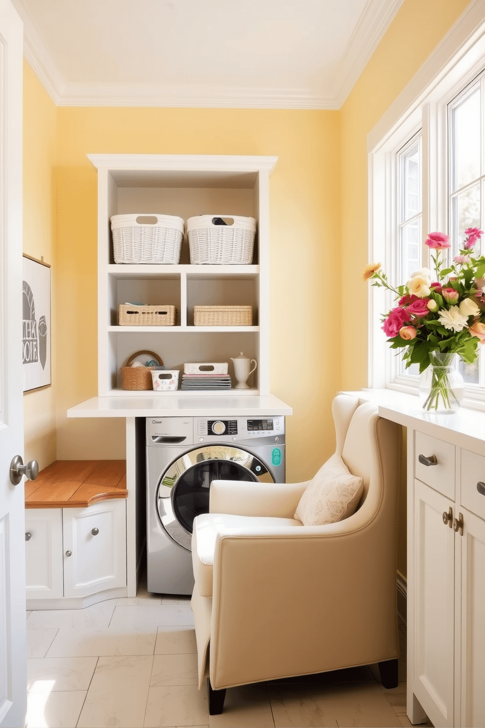 A bright and airy laundry room featuring a small seating area with a comfortable armchair in soft pastel fabric. The walls are painted in a cheerful light yellow, and a large window lets in natural light, enhancing the space. To the left, there's a stylish wooden bench with storage underneath for laundry essentials. Decorative baskets are neatly arranged on shelves, and a vibrant floral arrangement adds a pop of color to the countertop.