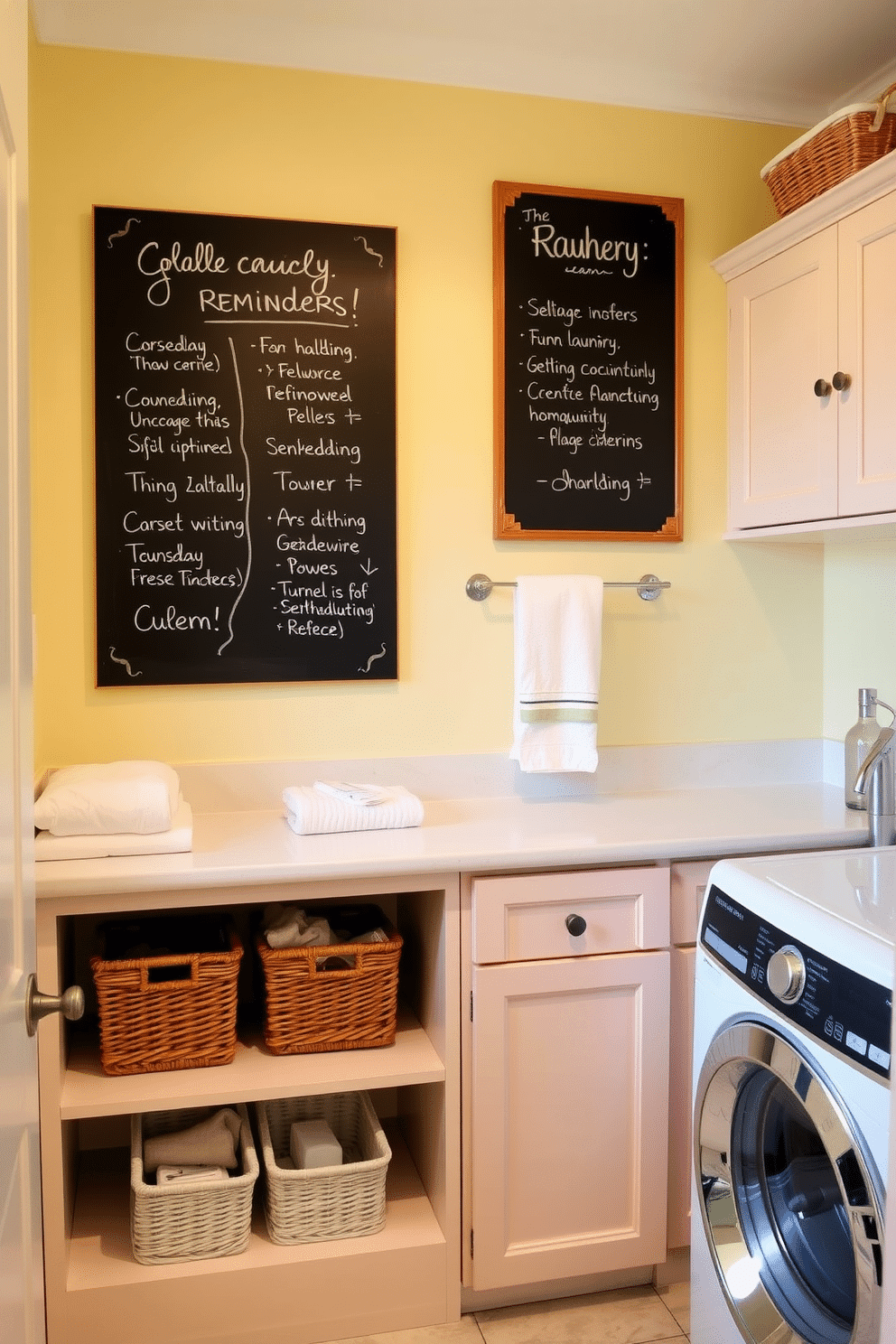 A bright and cheerful laundry room featuring a large chalkboard mounted on the wall for notes and reminders. The space is adorned with pastel-colored cabinets and open shelving displaying neatly folded towels and baskets filled with laundry essentials.