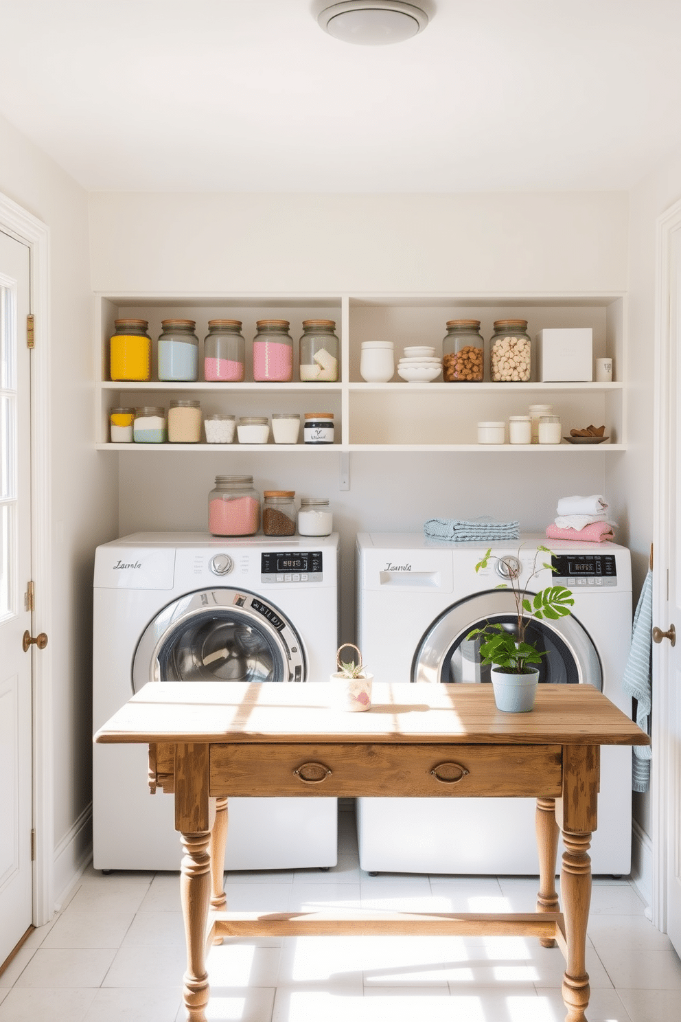 A bright and airy laundry room filled with natural light. Glass jars neatly lined on open shelves contain colorful laundry supplies, adding a cheerful touch to the space. The walls are painted in a soft pastel shade, creating a fresh and inviting atmosphere. A vintage wooden table serves as a folding area, adorned with a small potted plant for added charm.