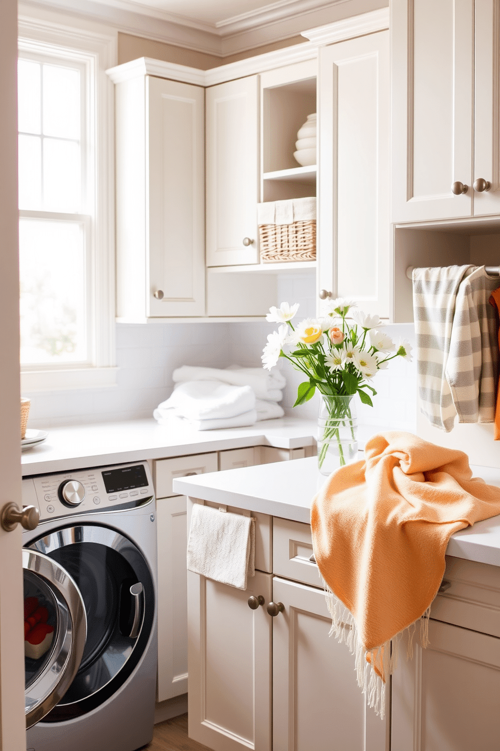 A bright and inviting laundry room featuring cabinets painted in a soft pastel hue. The space is filled with natural light, showcasing a stylish countertop for folding clothes and decorative baskets for organization. Fresh flowers in a vase add a touch of spring charm to the room. Soft textiles in coordinating colors are draped over the countertop, enhancing the cheerful atmosphere.