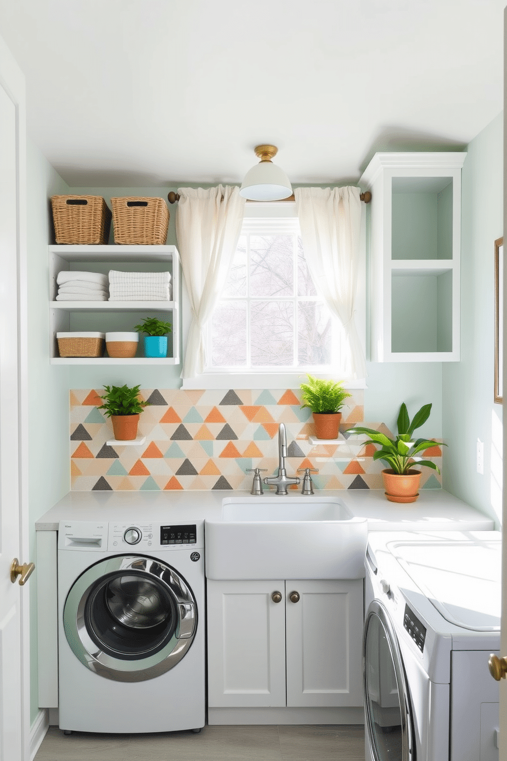 A bright and cheerful laundry room with a fun backsplash design featuring colorful geometric tiles. The space includes a large farmhouse sink and open shelving with neatly organized baskets and plants for a fresh touch. Natural light floods in through a window adorned with light, airy curtains. The walls are painted in a soft pastel hue, complementing the vibrant backsplash and creating an inviting atmosphere.