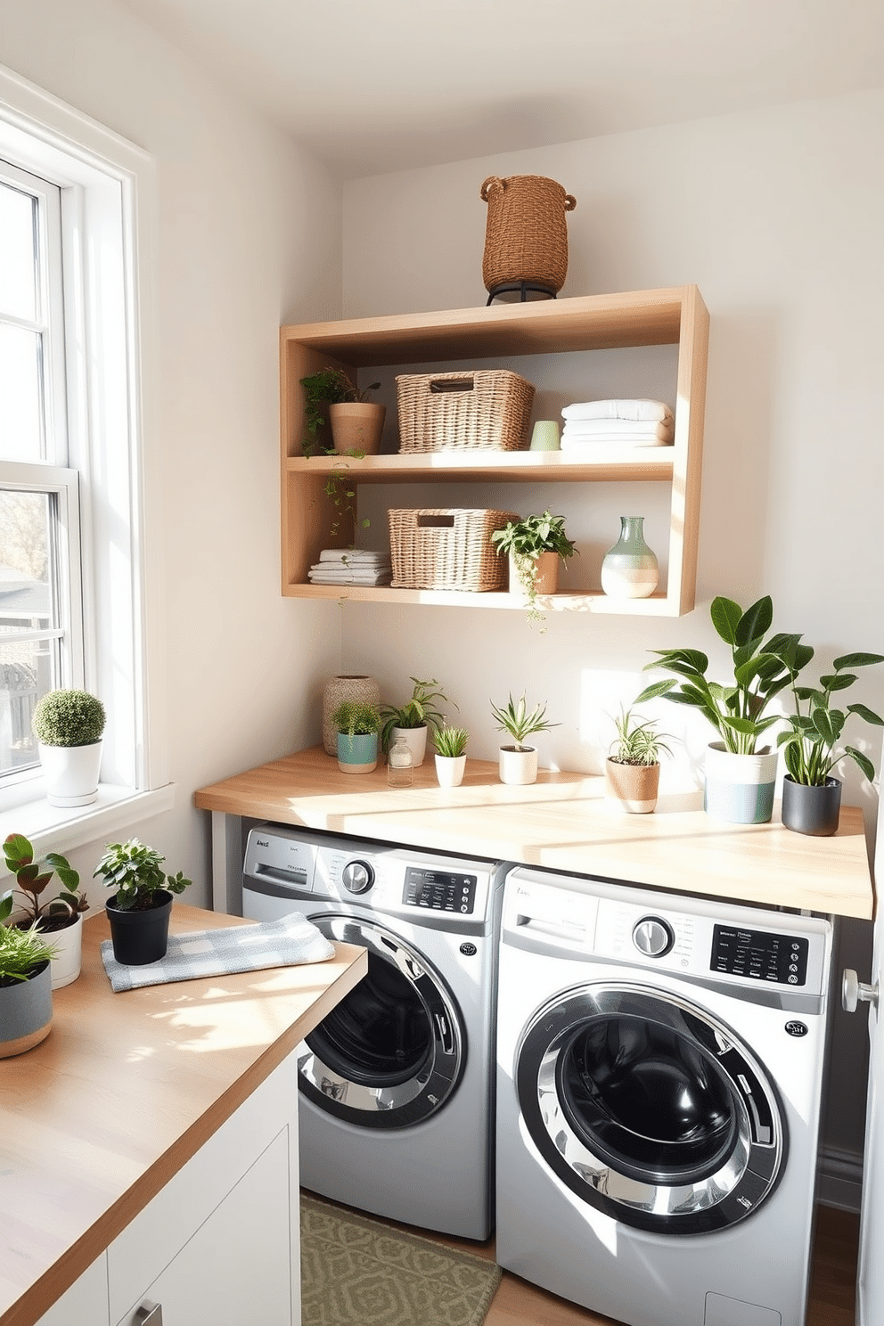 A bright and airy laundry room filled with natural light. The walls are painted in a soft pastel color, and a large window allows sunlight to stream in. A spacious countertop made of light wood provides ample space for folding clothes. Potted plants in various sizes are placed on the countertop and shelves, adding a touch of freshness and vibrancy. Stylish open shelving displays neatly organized baskets and decorative items. A cheerful patterned rug lies beneath the washer and dryer, bringing warmth to the space.