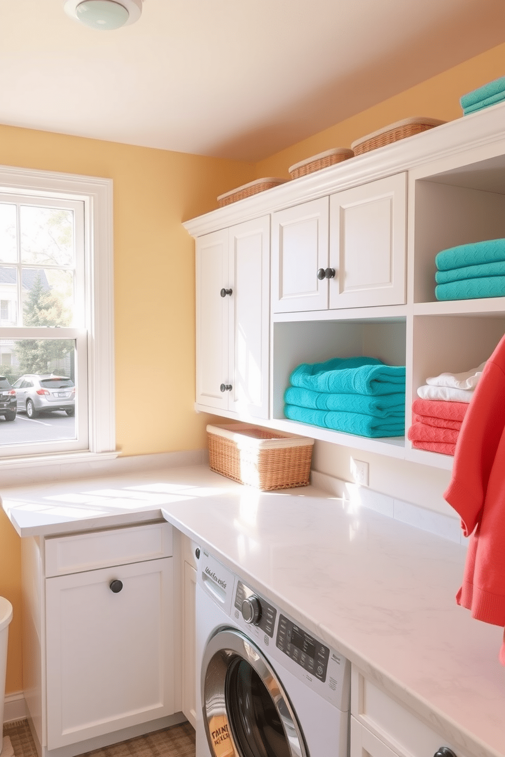 A bright and cheerful laundry room filled with natural light. The walls are painted a soft pastel yellow, creating a warm and inviting atmosphere. A large countertop made of white quartz offers ample space for folding clothes. Colorful towels in shades of turquoise and coral are neatly stacked on open shelves, adding a vibrant pop of color.