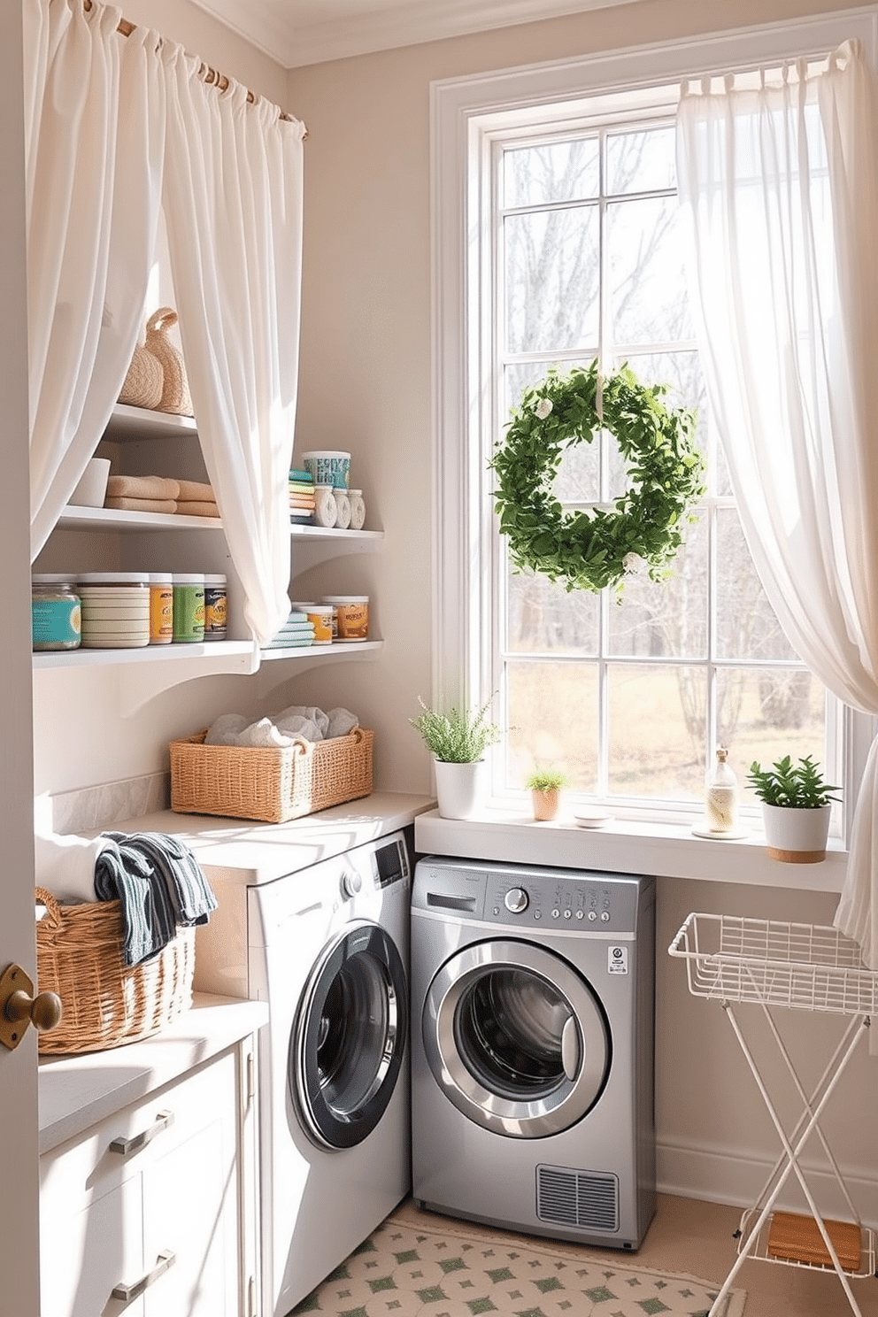 Create a cozy laundry nook with soft, flowing curtains that frame a large window, allowing natural light to flood the space. The walls are painted in a light pastel hue, complemented by a charming laundry basket and neatly organized shelves filled with colorful laundry supplies. Incorporate a stylish countertop for folding clothes, adorned with a few decorative plants for a fresh touch. Add a vintage-inspired washing machine and a small drying rack to complete the inviting atmosphere of this spring laundry room.