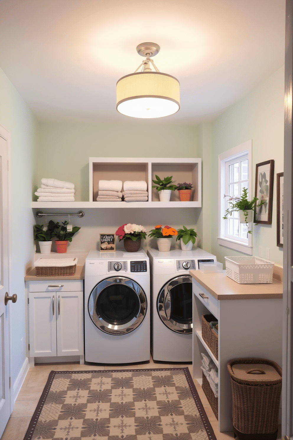 A bright and airy laundry room features a stylish pendant light fixture hanging from the ceiling, illuminating the space with a warm glow. The walls are painted in a soft pastel color, complemented by open shelving displaying neatly folded towels and vibrant potted plants. A spacious countertop provides ample space for folding laundry, adorned with decorative baskets for organizing supplies. The floor is covered with a cheerful patterned rug, adding a touch of comfort and style to the room.