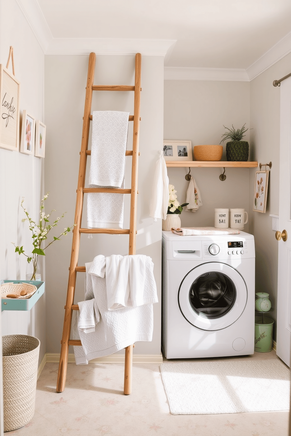 A bright and airy laundry room features a stylish ladder leaning against the wall, serving as a unique towel storage solution. The space is adorned with pastel-colored decor, including floral prints and soft textiles that evoke a fresh spring ambiance.