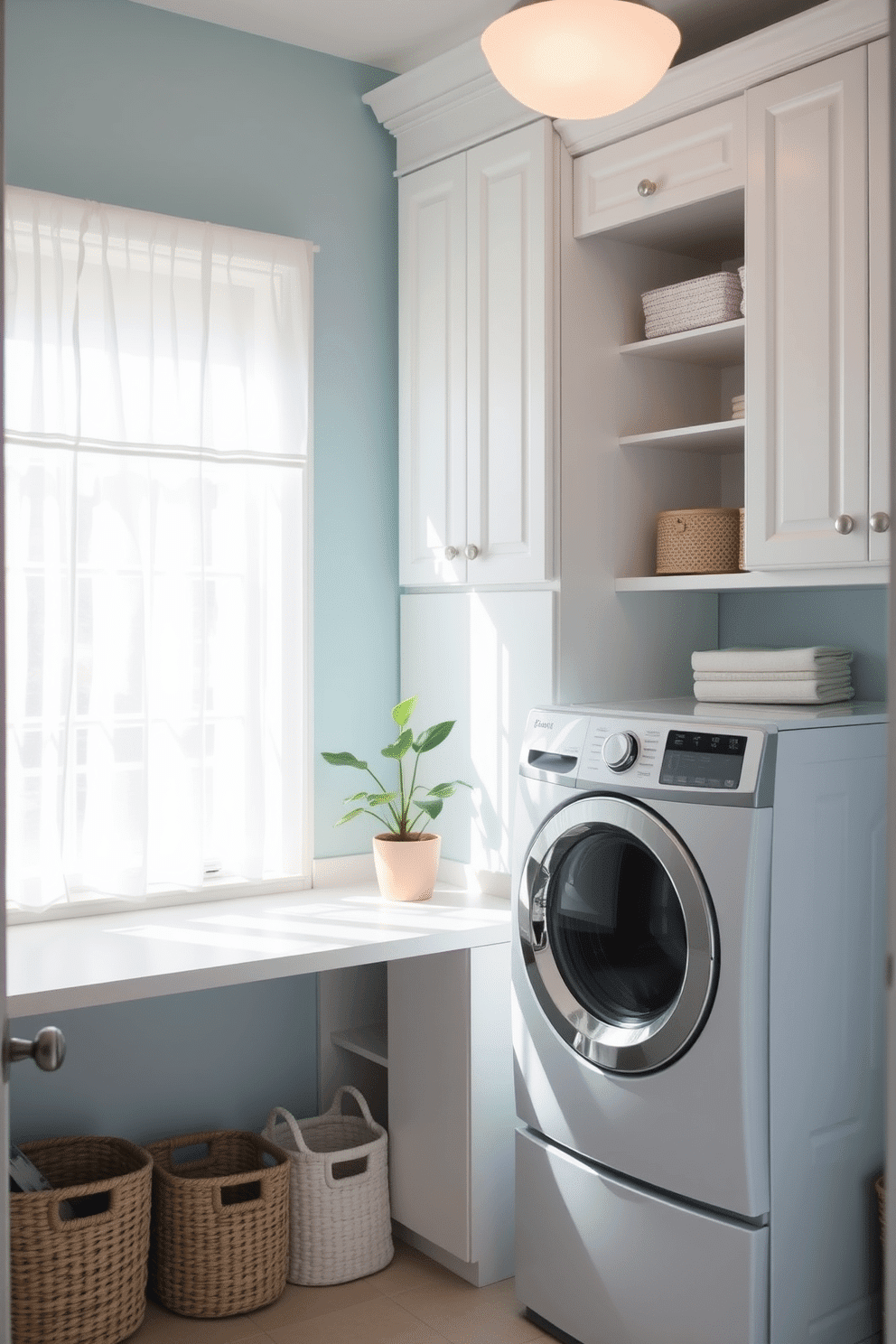 A bright and airy laundry room featuring a small desk area for organization. The walls are painted in a soft pastel blue, and natural light floods in through a large window adorned with sheer white curtains. To the right of the desk, there is a stylish washer and dryer set with matching cabinetry above for storage. A cheerful potted plant sits on the desk, providing a touch of greenery, while decorative baskets below hold laundry essentials.