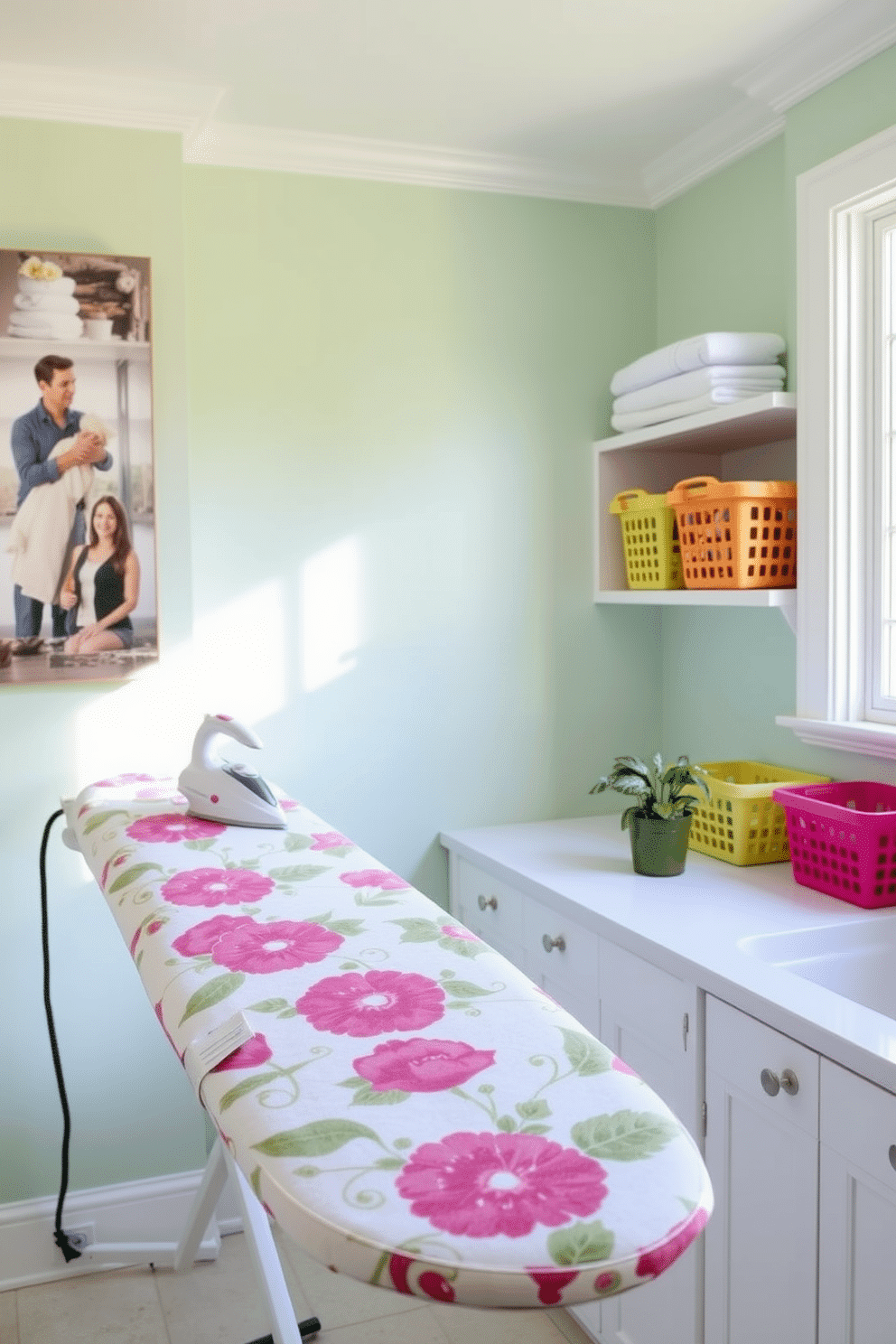 A bright and cheerful laundry room featuring a stylish ironing board with a floral cover that adds a pop of color. The walls are painted in a soft pastel hue, and the space is filled with natural light from a large window. The room includes open shelving displaying neatly folded towels and vibrant laundry baskets. A small potted plant sits on the countertop, enhancing the fresh and inviting atmosphere.