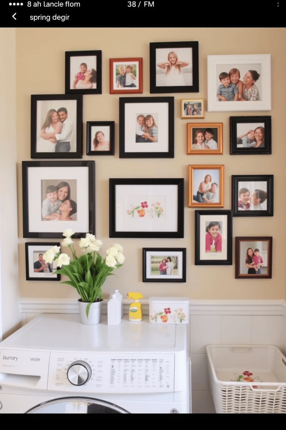 Create a gallery wall featuring a mix of family photos in various sizes and frames. Arrange the photos in a cohesive layout that tells a story and adds warmth to the space. Design a bright and cheerful laundry room with spring-themed decor elements. Incorporate pastel colors, floral patterns, and functional storage solutions to create an inviting atmosphere.