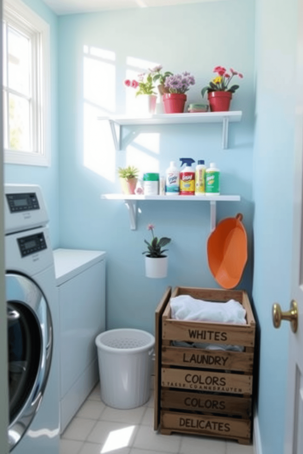 A bright and cheerful laundry room filled with natural light. The walls are painted in a soft pastel blue, creating a refreshing atmosphere. In one corner, a stylish DIY laundry sorter made from wooden crates is neatly organized, with labels for whites, colors, and delicates. A decorative shelf above the sorter displays vibrant potted plants and colorful laundry supplies, adding a touch of personality to the space.