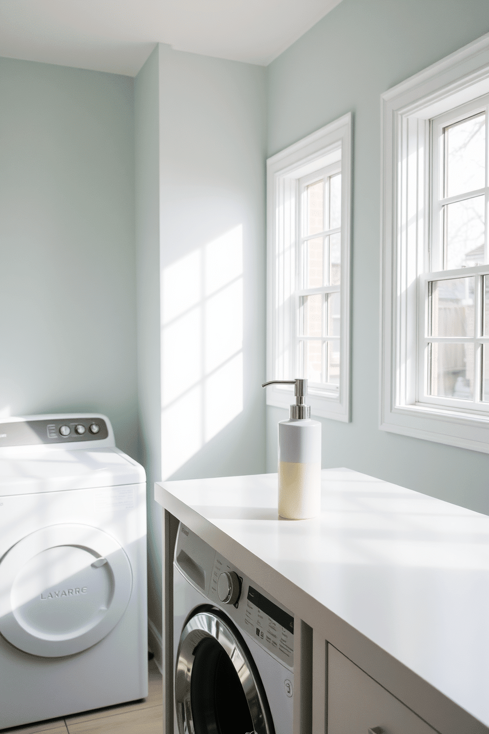 A bright and airy laundry room featuring a stylish soap dispenser on a sleek countertop. The walls are painted in a soft pastel color, and natural light floods in through a large window, illuminating the space.