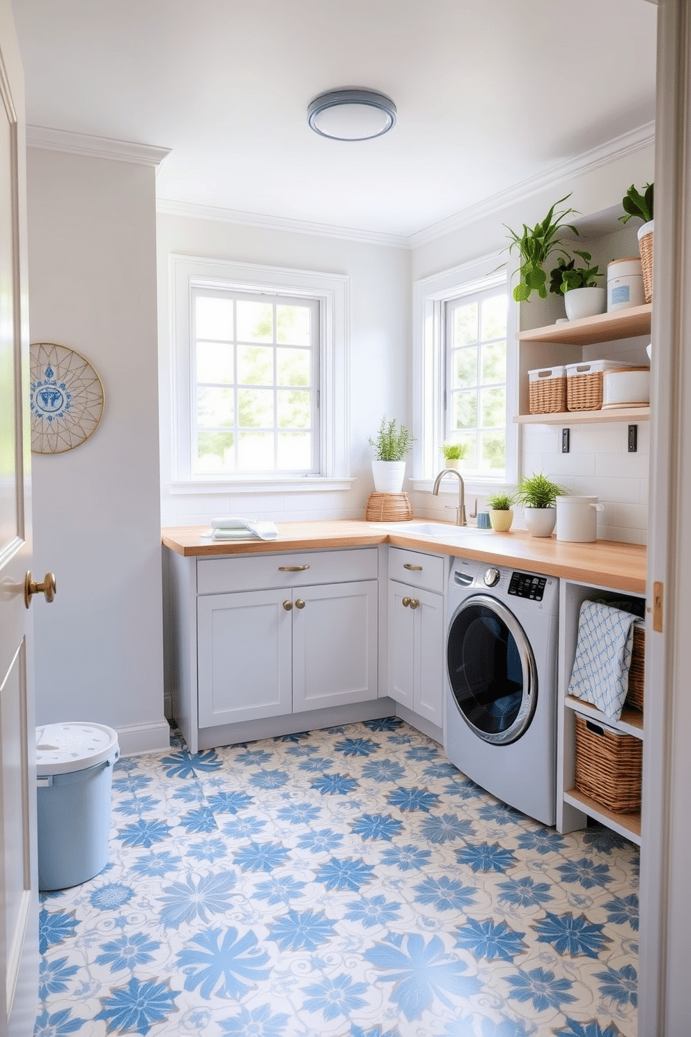 A bright and airy laundry room features patterned tile flooring in shades of blue and white, adding a fresh touch to the space. The walls are painted a soft white, creating a clean backdrop for the room’s functional elements. A spacious countertop made of light wood provides ample space for folding laundry, while open shelving above displays neatly organized baskets and decorative plants. A cheerful window allows natural light to flood the room, enhancing its inviting atmosphere.