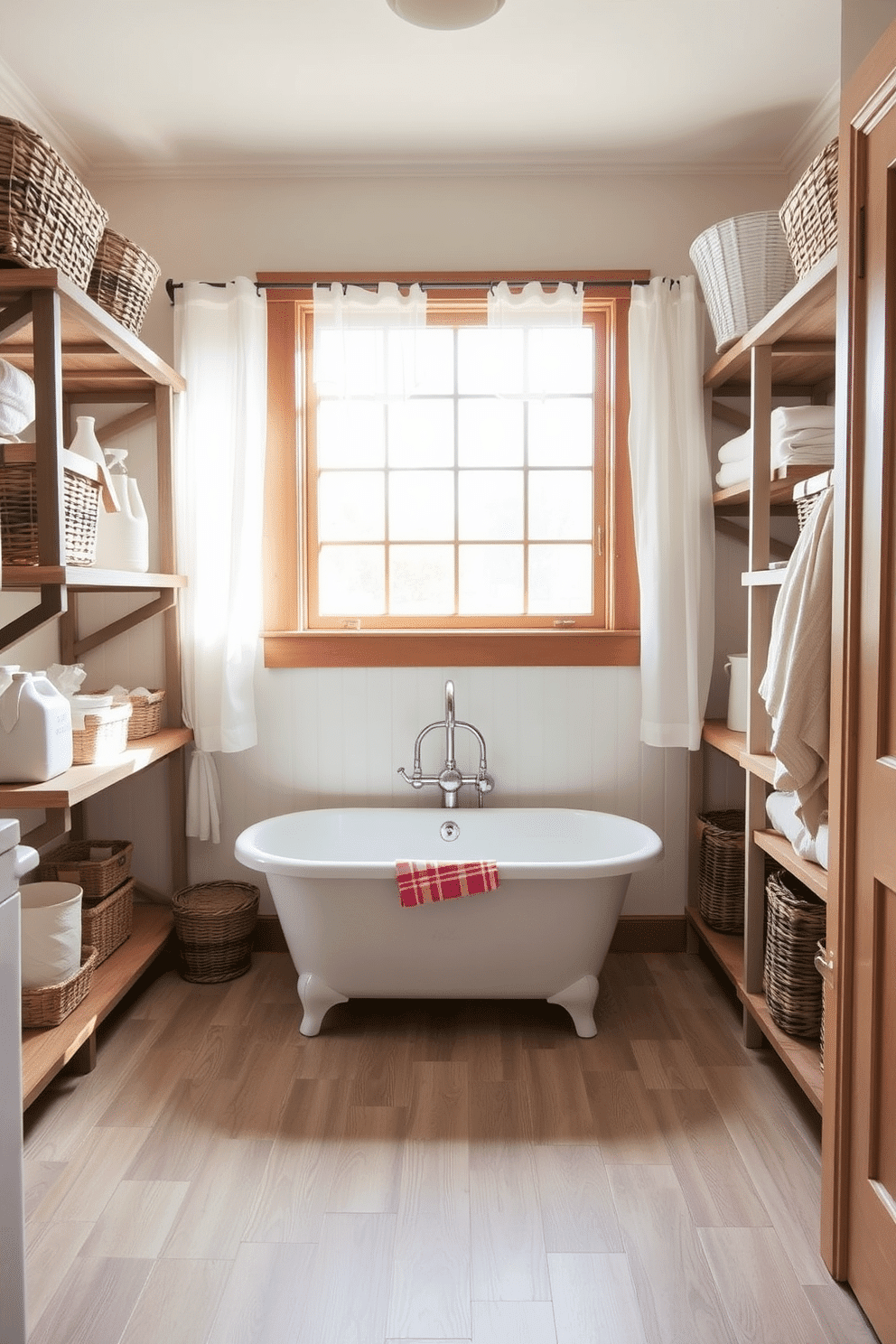 A charming laundry room featuring a vintage wash tub as the centerpiece. The tub is surrounded by rustic wooden shelves filled with neatly organized laundry supplies and decorative baskets. Natural light floods the space through a large window adorned with sheer white curtains. The walls are painted in a soft pastel hue, and the floor is covered with a light wood laminate for a warm, inviting feel.