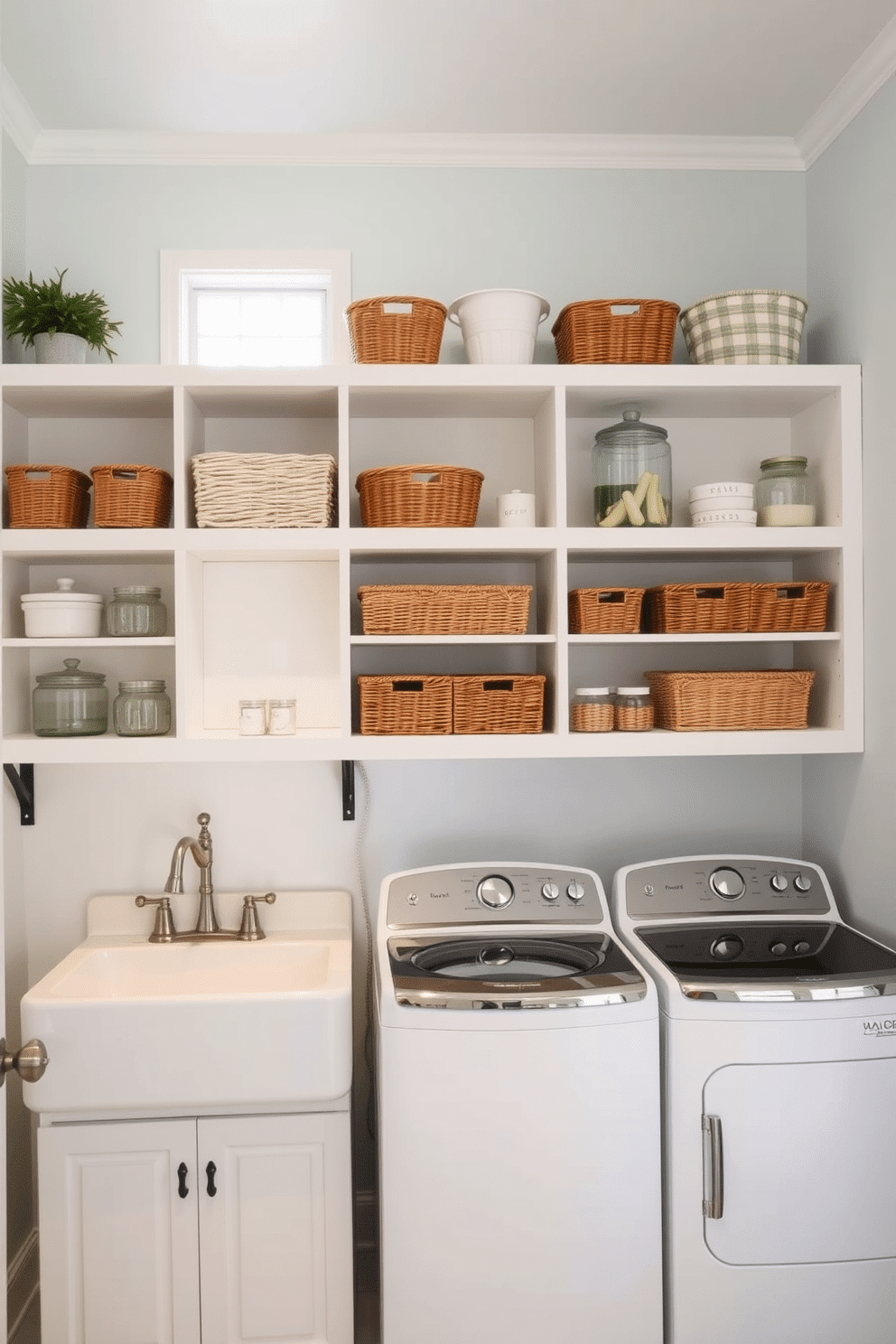 A bright and airy laundry room with open shelving for storage. The shelves are filled with neatly organized baskets and decorative jars, creating a functional yet stylish space. The walls are painted in a soft pastel color, enhancing the room's cheerful ambiance. A vintage-style washing machine and dryer are placed side by side, complemented by a charming farmhouse sink.