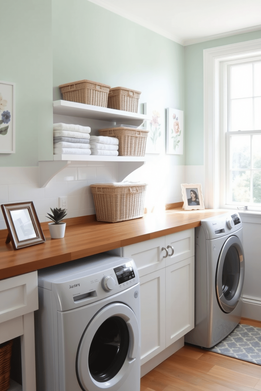 A bright and airy laundry room featuring pastel-colored walls and ample natural light streaming in through a large window. The space is adorned with cheerful artwork depicting floral themes, adding a personal touch to the overall design. Incorporate open shelving to display neatly folded towels and decorative baskets filled with laundry essentials. A vintage-style washing machine sits next to a wooden countertop, where a small potted plant and a framed photo add warmth to the room.