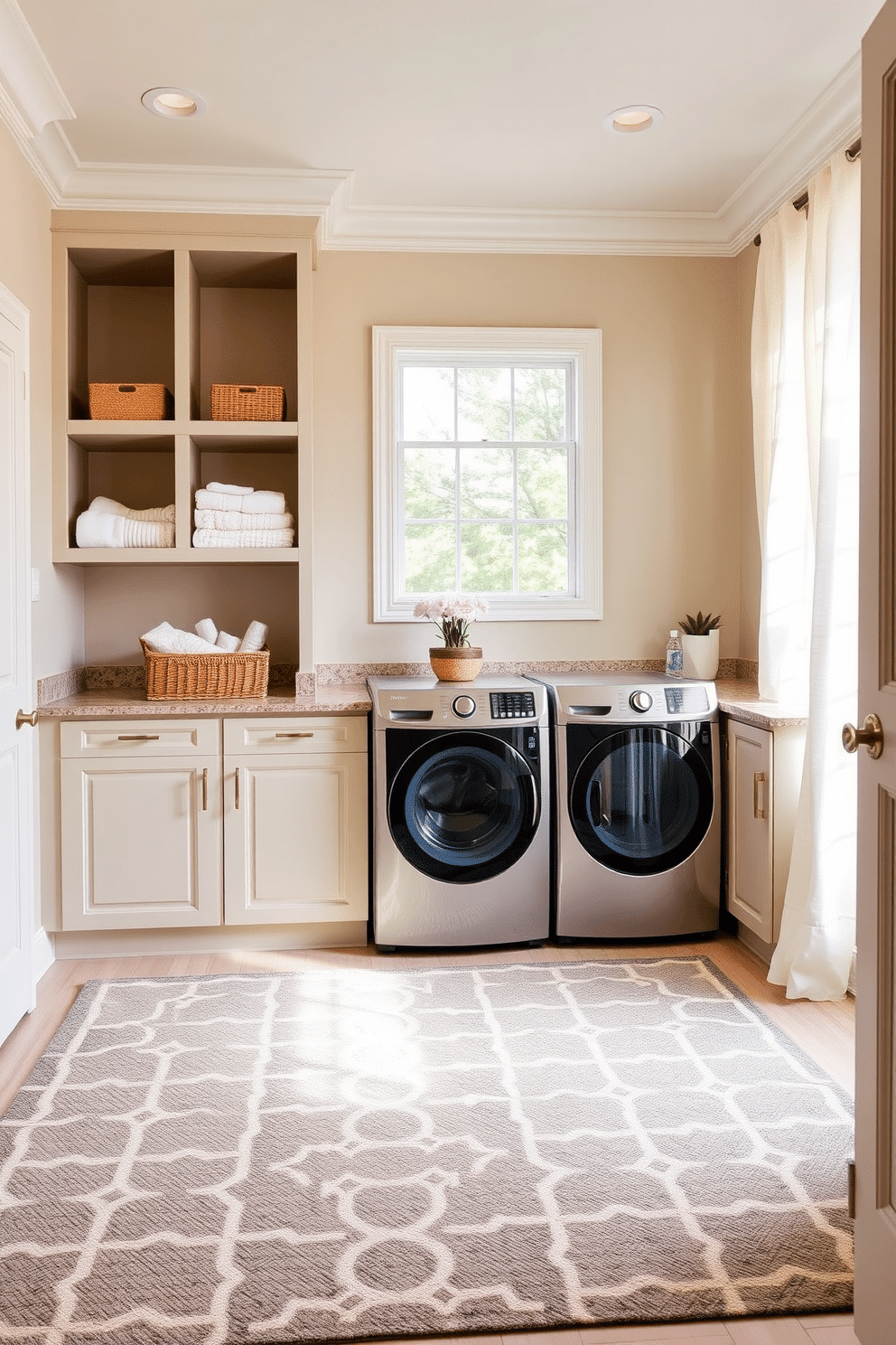 A stylish laundry room featuring a large area rug with a modern geometric pattern that adds warmth and texture to the space. The walls are painted in a soft pastel hue, complemented by open shelving displaying neatly folded towels and decorative baskets. The laundry appliances are integrated into custom cabinetry with a sleek finish, creating a seamless look. Natural light floods the room through a large window adorned with light, airy curtains, enhancing the inviting atmosphere.