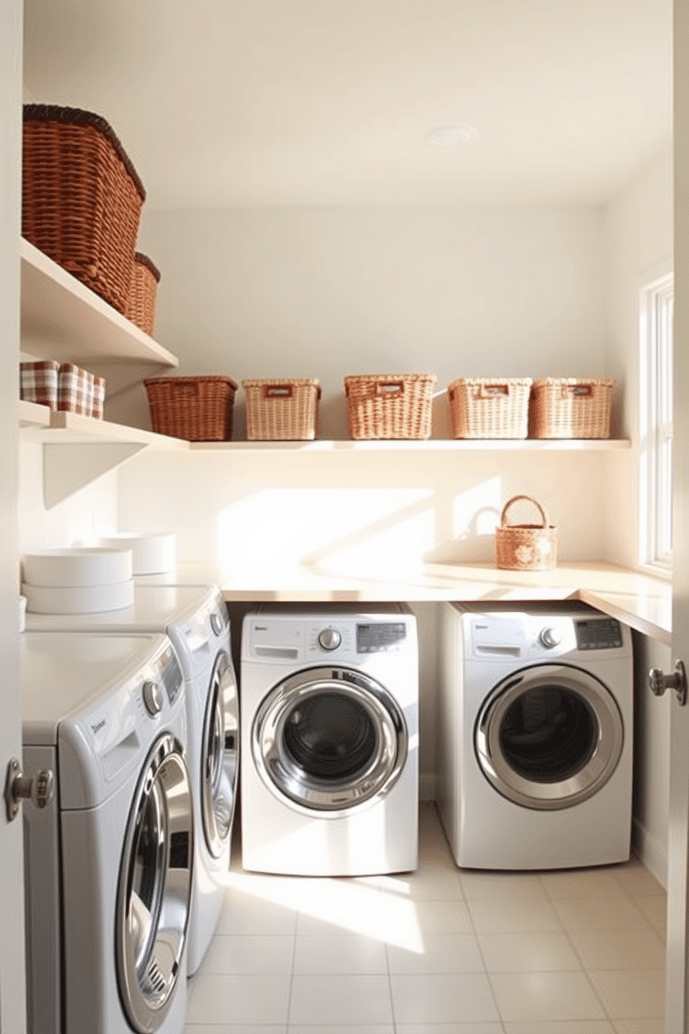 A bright and airy laundry room features decorative baskets neatly arranged on open shelving for organization. The walls are painted in a soft pastel color, and natural light floods the space through a large window, creating a cheerful atmosphere.