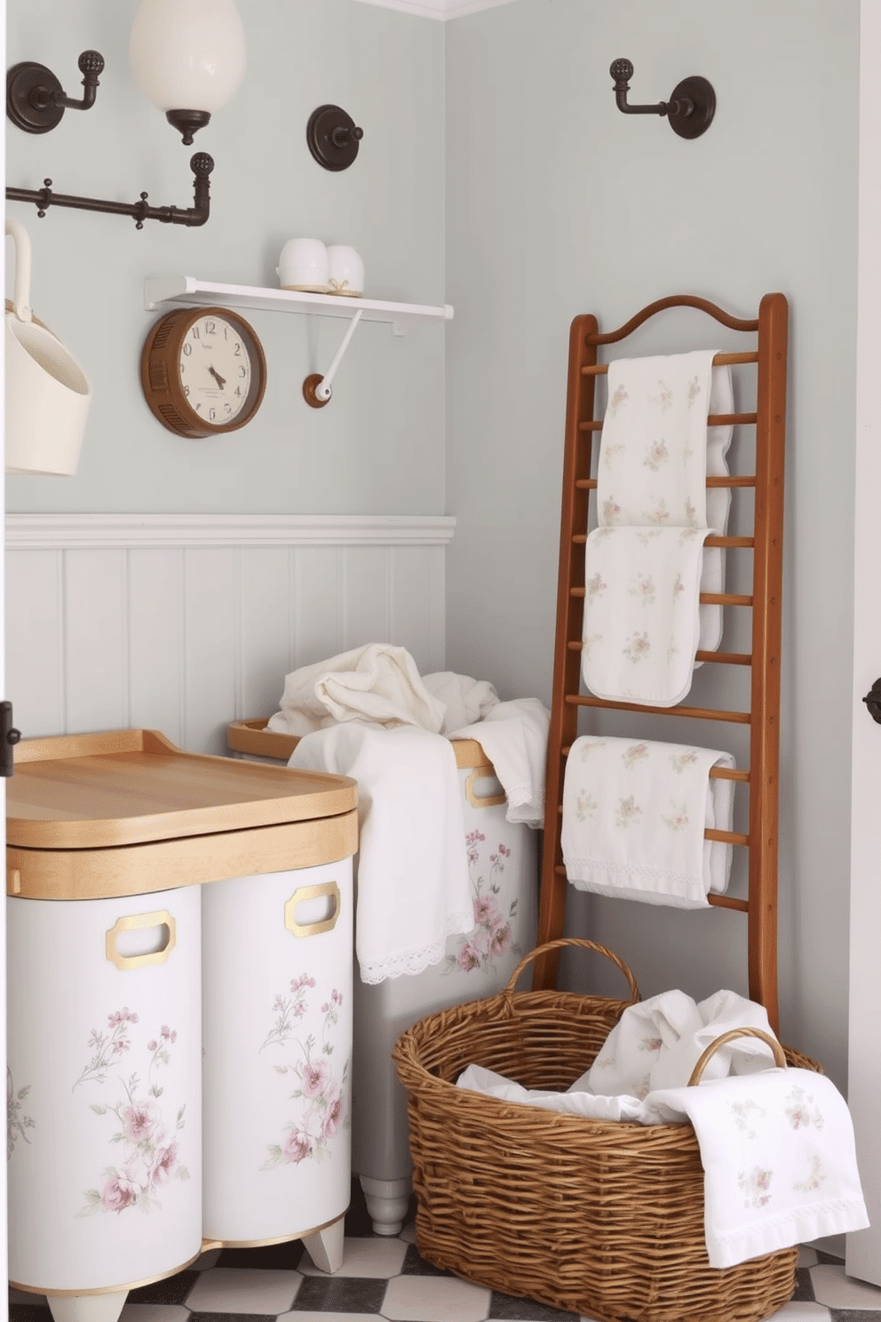 A vintage-inspired laundry room features charming accessories that evoke a sense of nostalgia. Delicate floral patterns adorn the storage bins, while a classic wooden drying rack stands elegantly against the wall. The walls are painted in a soft pastel hue, complemented by antique-inspired fixtures. A wicker basket filled with freshly laundered linens sits in the corner, adding warmth and character to the space.