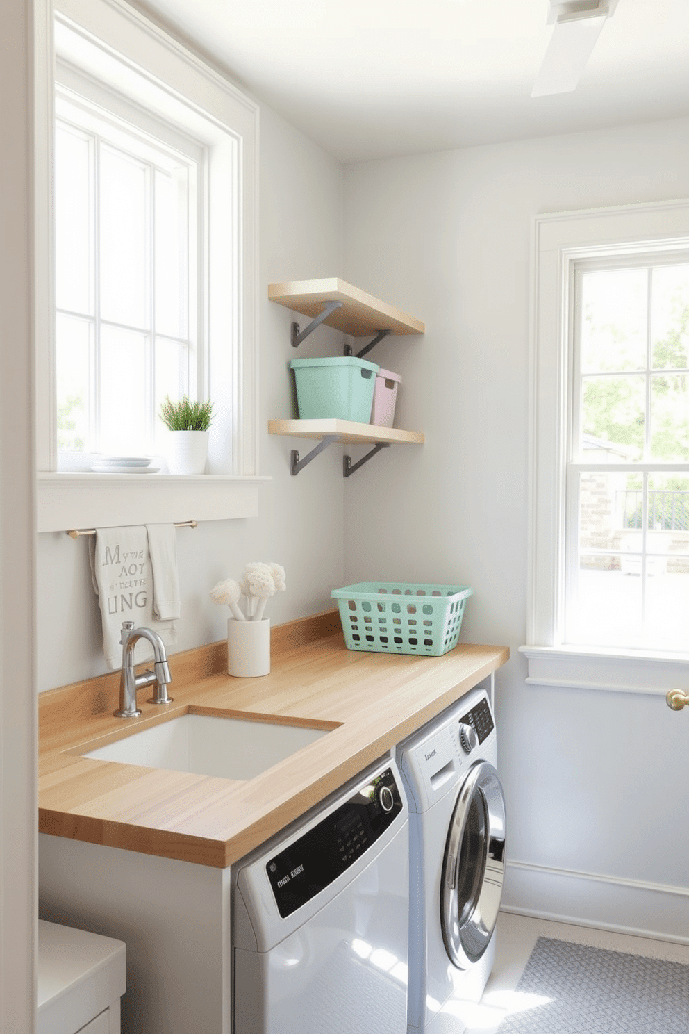 Create a bright and airy laundry room with a stylish folding station. The station features a sleek countertop made of light wood, complemented by open shelving above for easy access to laundry essentials. Incorporate pastel-colored storage bins to add a cheerful touch. A large window allows natural light to flood the space, enhancing the fresh and inviting atmosphere.