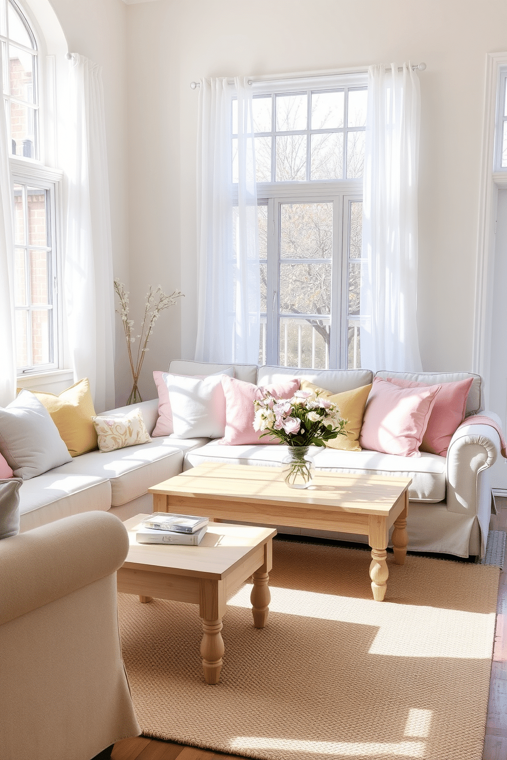 A bright and airy living room filled with natural light. The space features a comfortable sofa adorned with an array of pastel colored throw pillows in soft pinks, blues, and yellows. A light wooden coffee table sits in front of the sofa, accompanied by a cozy area rug in neutral tones. Fresh flowers in a vase add a touch of spring, while sheer curtains flutter gently in the breeze.