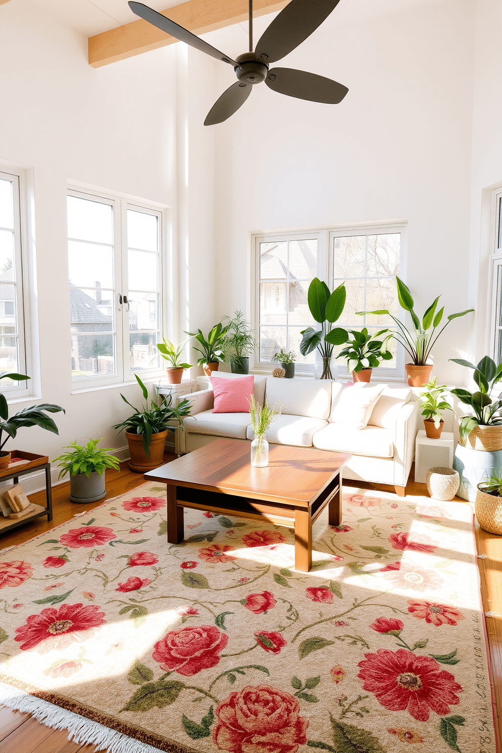 A bright and airy living room filled with natural light. The space features a comfortable sectional sofa adorned with pastel-colored cushions and a large coffee table made of reclaimed wood. Potted plants in various sizes are strategically placed throughout the room, adding a touch of greenery. A vibrant area rug with floral patterns anchors the seating area, creating a cozy atmosphere.