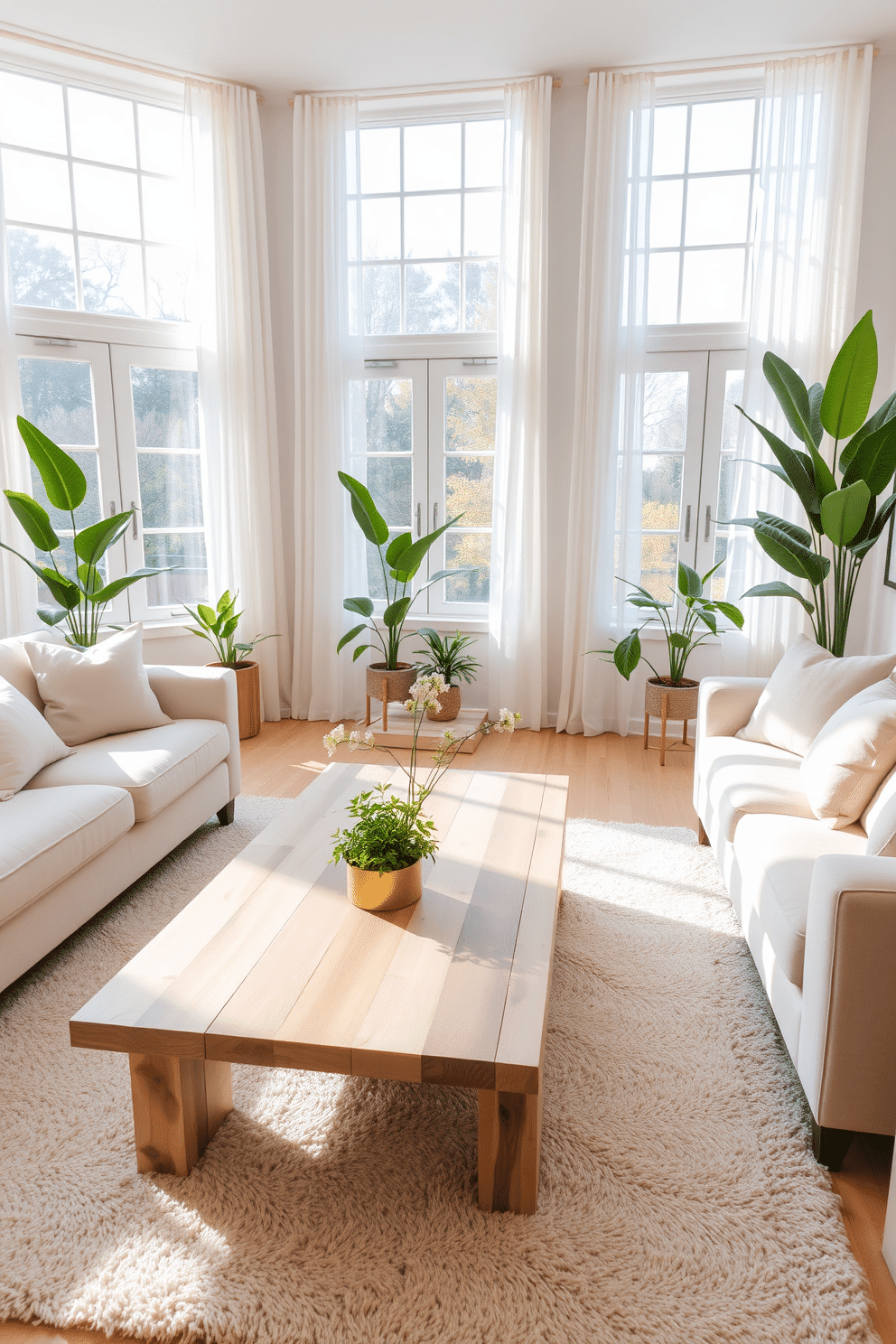 A bright and airy living room features a light-colored coffee table made of reclaimed wood, set atop a soft area rug. Surrounding the table are plush, neutral-toned sofas adorned with pastel throw pillows, creating a welcoming and cheerful atmosphere. Large windows allow natural light to flood the space, with sheer curtains gently billowing in the breeze. The walls are painted in a soft pastel hue, complemented by vibrant green plants placed in stylish pots around the room.