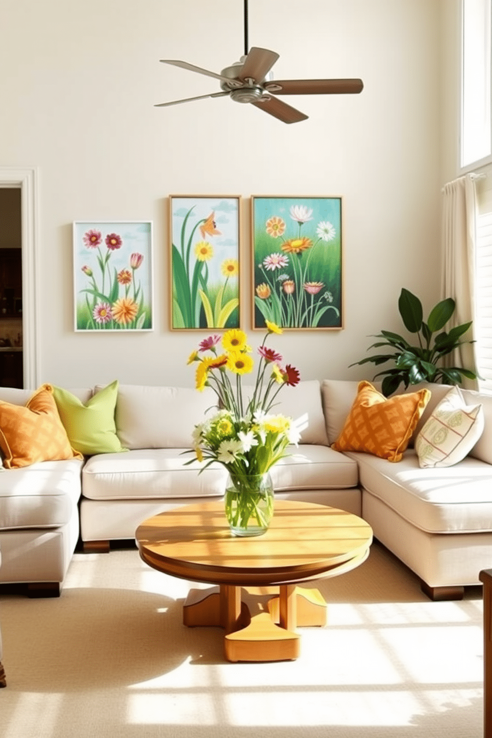 A bright and inviting living room filled with natural light. The walls are painted in a soft pastel color, complementing the cheerful artwork featuring vibrant spring themes. A comfortable sectional sofa in light fabric is adorned with colorful throw pillows. A wooden coffee table sits in the center, surrounded by fresh flowers in a bright vase, creating a lively atmosphere.