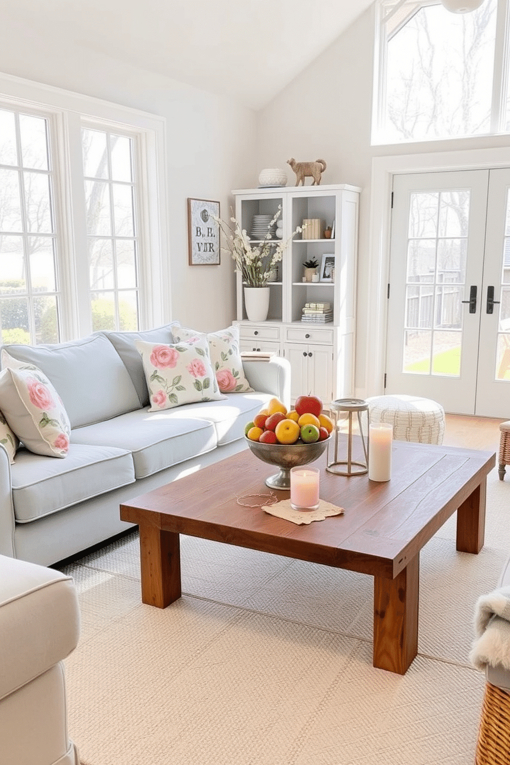 A bright and airy spring living room adorned with pastel-colored furnishings. A plush light blue sofa is accented with floral-patterned throw pillows, and a soft cream area rug anchors the space. Large windows allow natural light to flood in, enhancing the cheerful atmosphere. A coffee table made of reclaimed wood sits at the center, topped with a decorative bowl filled with fresh fruit and scented candles for a fresh aroma.