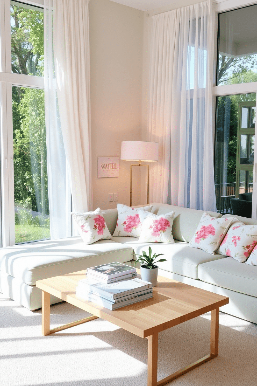 A bright and airy spring living room featuring a soft pastel color palette with light green and blush pink accents. A stylish sectional sofa is adorned with floral patterned throw pillows, and a chic floor lamp stands elegantly in the corner, casting a warm glow. The space is complemented by a light wood coffee table, topped with a stack of art books and a small potted plant. Large windows allow natural light to flood the room, with sheer curtains gently billowing in the breeze.