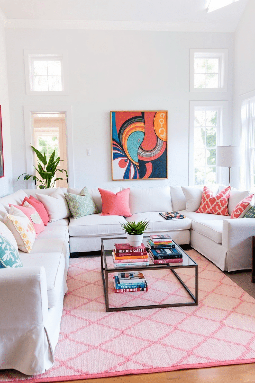 A bright and inviting living room filled with natural light. The space features a comfortable sectional sofa dressed in light pastel cushions, complemented by a soft area rug in a cheerful pattern. The walls are painted in a soft white hue, creating a fresh backdrop for colorful artwork. A stylish coffee table sits at the center, adorned with vibrant decorative books and a small potted plant.