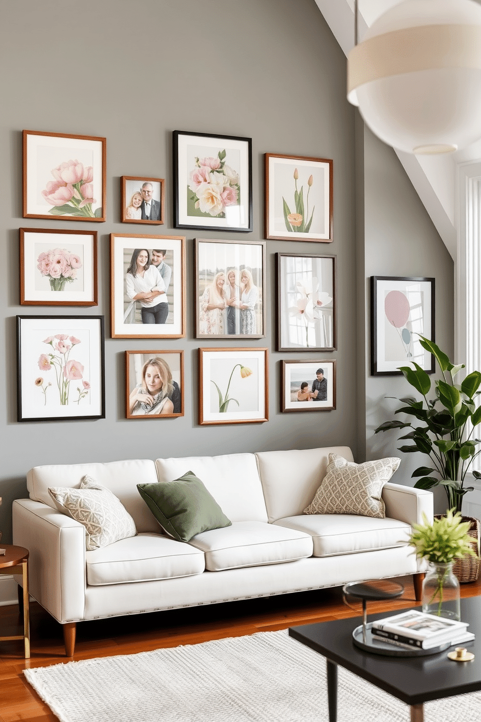 Create a gallery wall featuring vibrant spring photos in a bright and airy living room. The wall is adorned with a mix of framed floral prints, family pictures, and abstract art, all in soft pastel colors to evoke a fresh and cheerful atmosphere.