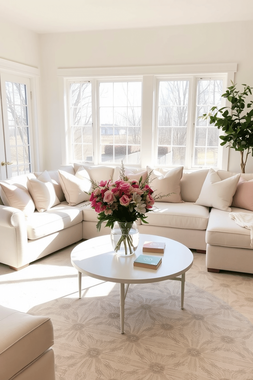 A light and airy spring living room features a comfortable light-colored sectional sofa adorned with pastel throw pillows. Large windows allow natural light to flood the space, highlighting the soft, neutral tones of the decor. A round coffee table sits in front of the sofa, topped with a vibrant floral arrangement and stylish coasters. The walls are painted in a soft cream hue, complemented by a cozy area rug with subtle patterns that add warmth to the room.