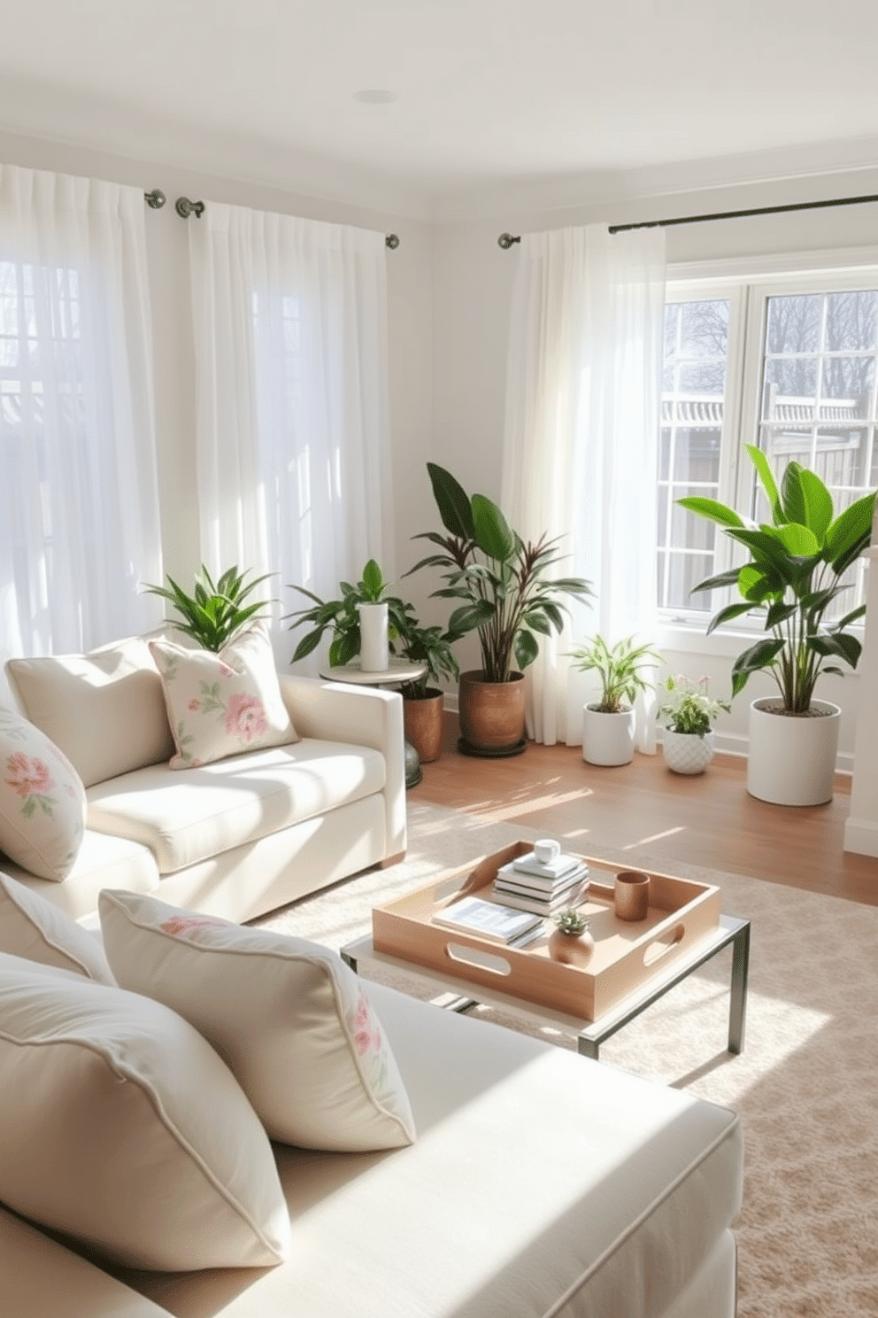 A bright and airy spring living room filled with natural light. The space features a soft pastel color palette with light green and blush pink accents throughout. A plush sectional sofa is adorned with floral throw pillows, inviting relaxation. Decorative trays are elegantly placed on the coffee table, organizing books and small decorative items. Large windows draped with sheer white curtains allow sunlight to filter in, enhancing the cheerful ambiance. A collection of potted plants adds a fresh touch, bringing the beauty of spring indoors.