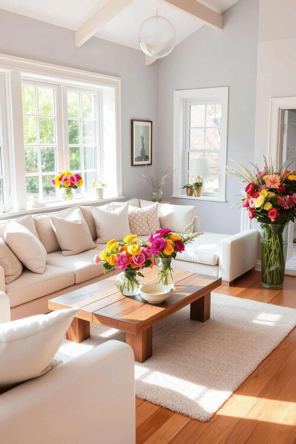 A bright and airy living room filled with natural light. The space features a comfortable sectional sofa adorned with pastel cushions, and a large coffee table made of reclaimed wood sits in the center. Fresh floral arrangements in vibrant colors are placed on the coffee table and window sills. A large floor vase filled with seasonal blooms stands in the corner, adding a touch of spring to the decor.