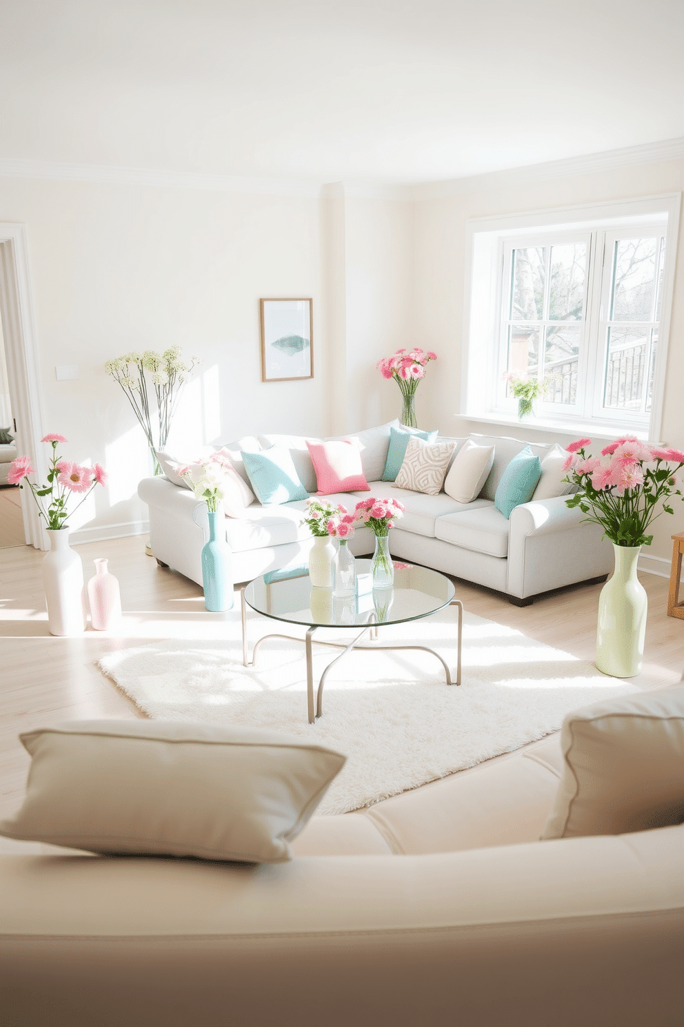 A bright and airy living room filled with natural light. The walls are painted in a soft cream color, and the floor is covered with a light wooden laminate. In the center, a plush sectional sofa in a light gray hue invites relaxation. Surrounding the sofa, pastel-colored vases filled with fresh flowers add a cheerful touch to the decor. A stylish coffee table with a glass top sits atop a soft area rug, creating a cozy gathering space. Decorative throw pillows in complementary pastel shades enhance the inviting atmosphere.