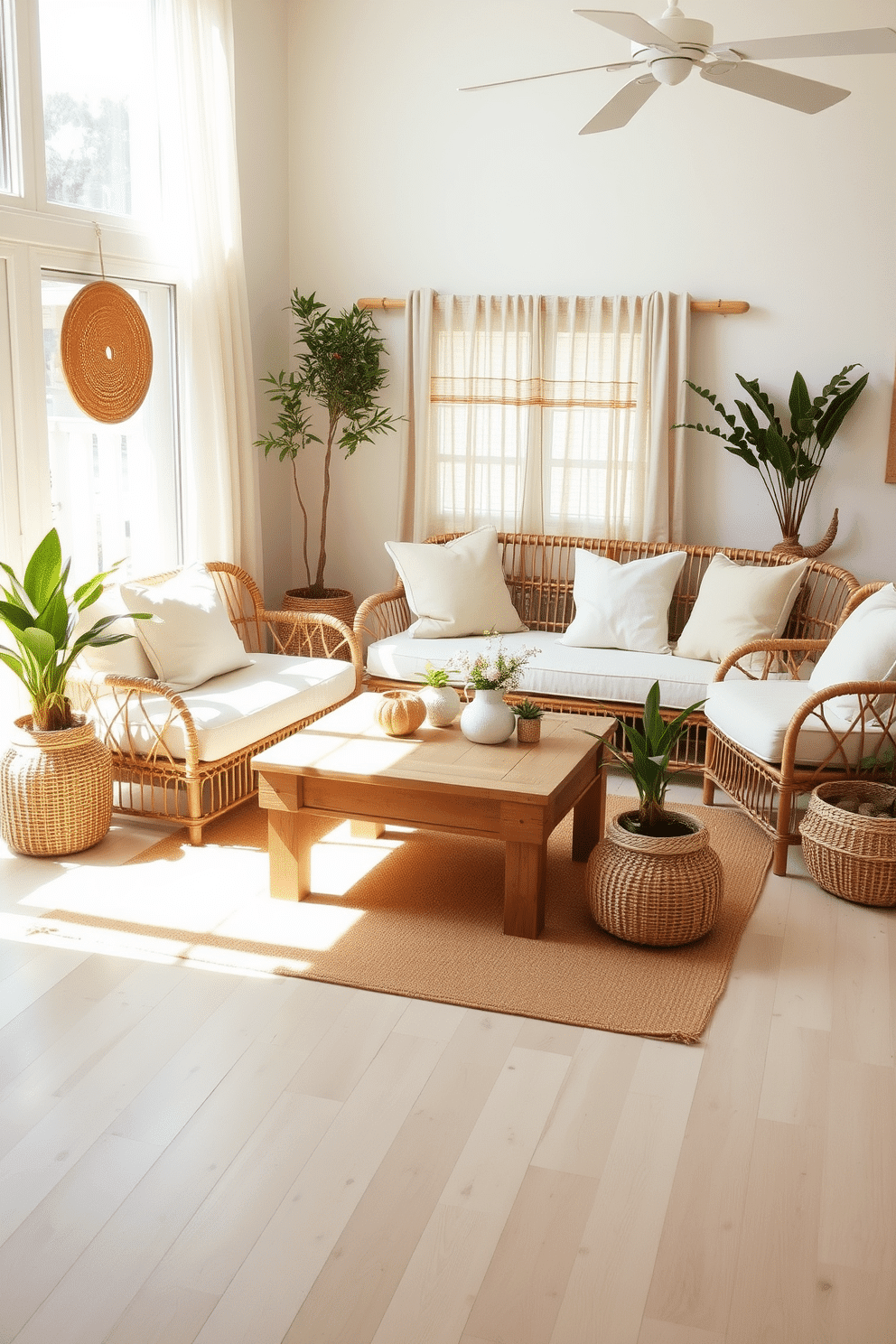 A bright and airy spring living room filled with natural materials like wood and rattan. The space features a large rattan sofa adorned with pastel-colored cushions, complemented by a reclaimed wood coffee table at the center. Soft sunlight filters through sheer linen curtains, casting a warm glow on the light hardwood floor. Potted plants in woven baskets add a touch of greenery, while a cozy area rug in soft earth tones anchors the seating arrangement.