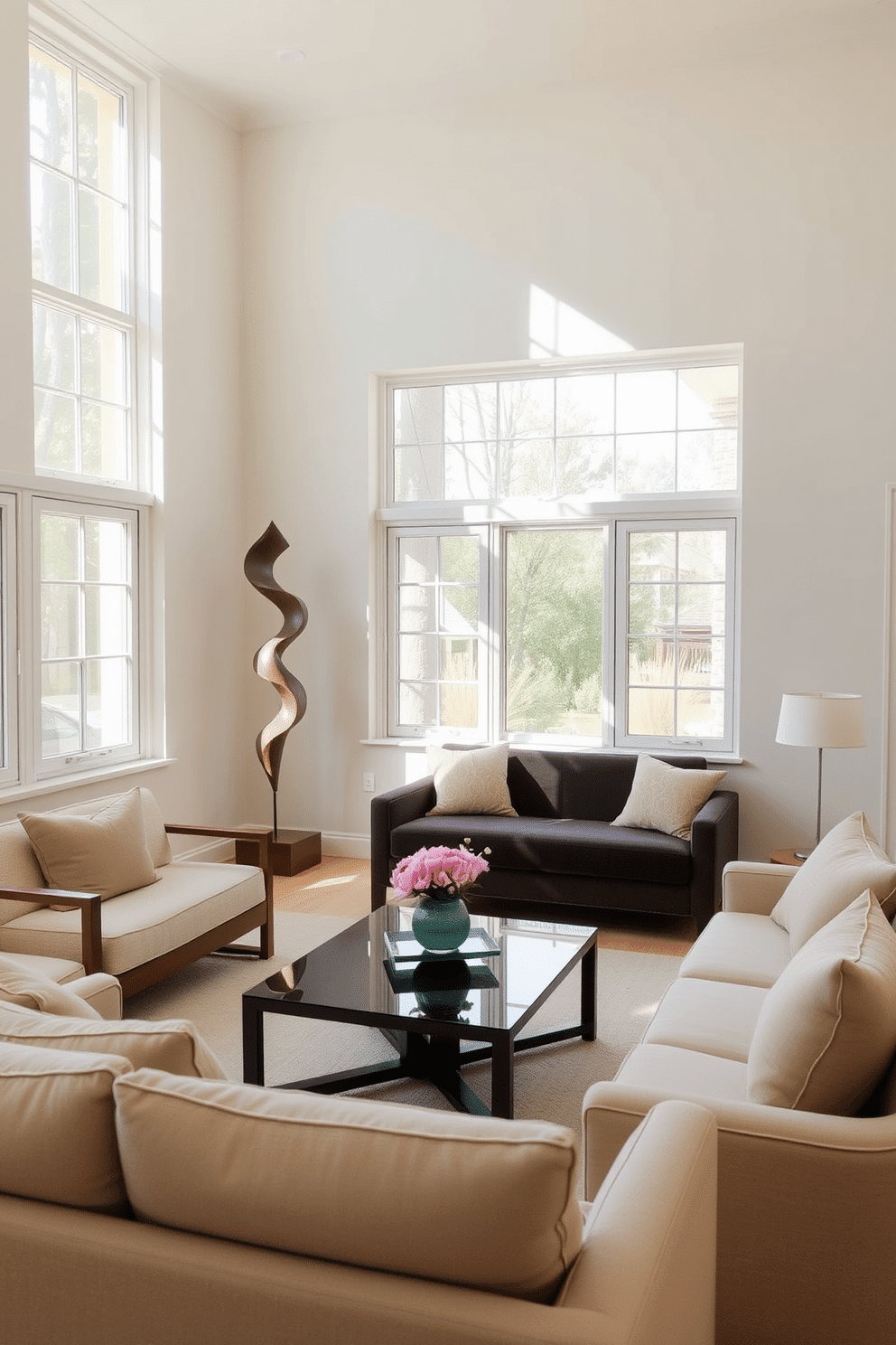 A bright and airy living room filled with natural light. A statement piece sculpture stands prominently in the corner, adding an artistic touch to the space. The walls are painted in a soft pastel hue, creating a calming atmosphere. Comfortable seating arrangements with plush cushions invite relaxation and conversation.