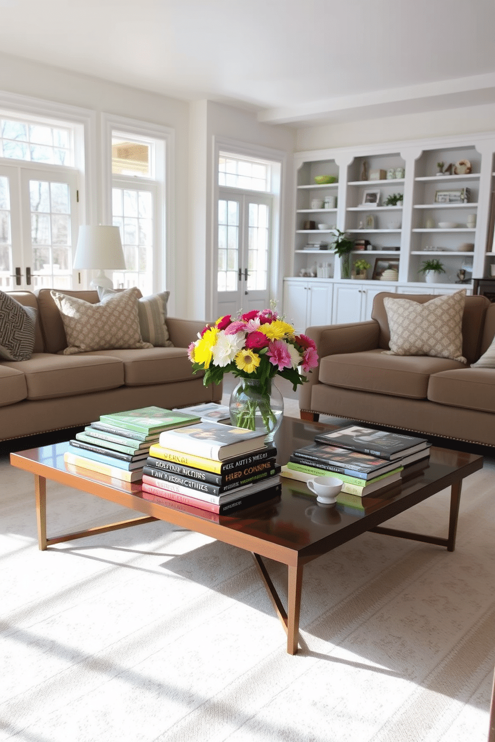 A bright and airy living room filled with natural light. A stylish coffee table is adorned with an assortment of seasonal books, showcasing vibrant spring themes and colors. Comfortable seating surrounds the table, inviting guests to relax and enjoy the decor. Fresh flowers in a vase add a touch of nature, complementing the seasonal display.