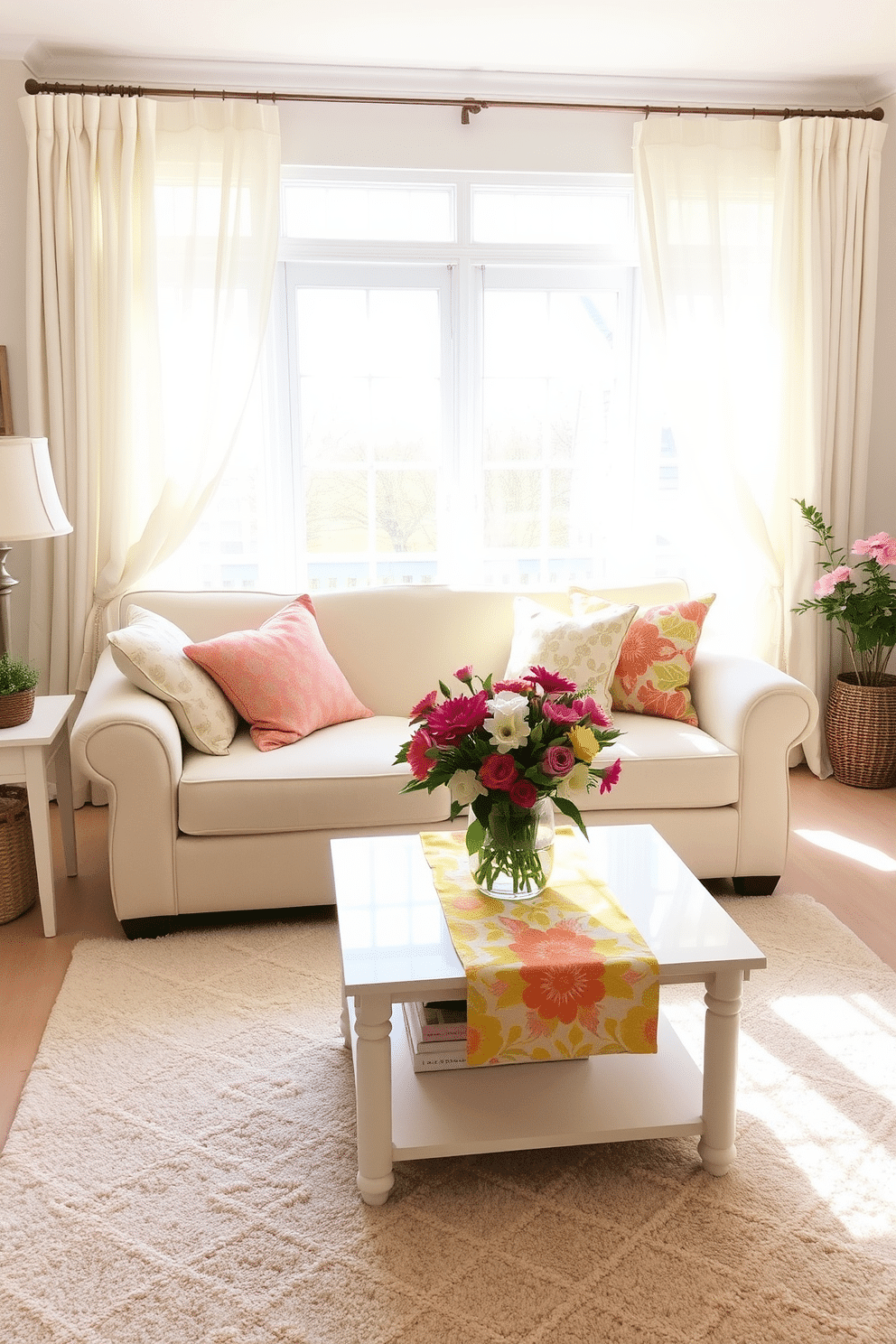 A bright and airy living room filled with natural light. The focal point is a cozy sofa adorned with colorful cushions, complemented by a cheerful table runner that adds a vibrant touch to the coffee table. Fresh flowers in a vase sit atop the table, enhancing the spring atmosphere. Light curtains flutter gently in the breeze, and a soft area rug anchors the space, inviting relaxation.