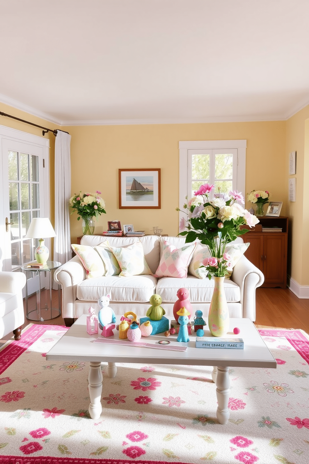 A bright and airy spring living room filled with natural light. The space features a comfortable light-colored sofa adorned with pastel throw pillows and a whimsical patterned rug beneath. On the coffee table, a collection of colorful decorative items and playful figurines adds a touch of charm. The walls are painted in a soft yellow hue, and fresh flowers in a vibrant vase bring a lively feel to the room.