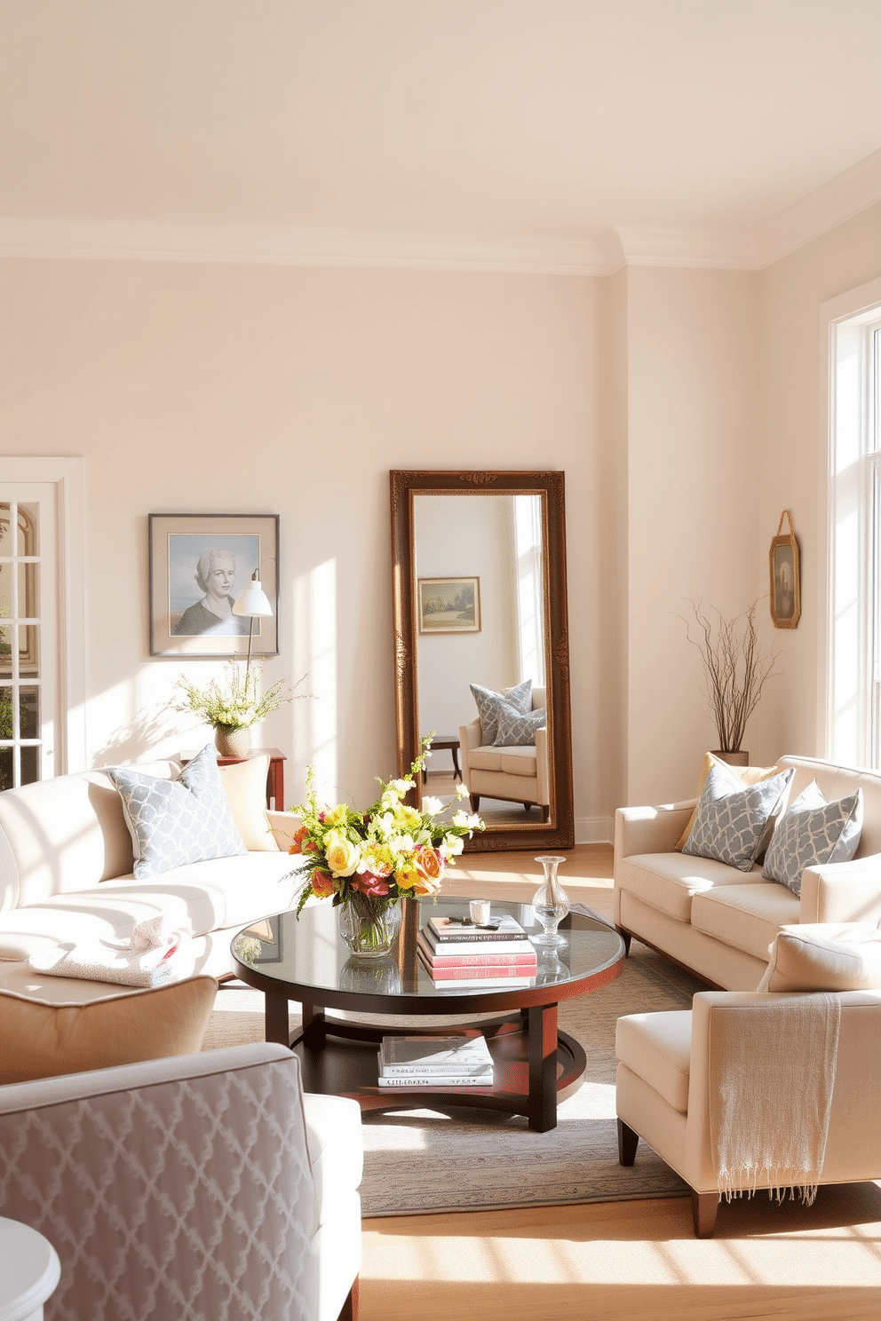 A bright and airy spring living room features large windows that allow natural light to flood the space. The walls are painted in a soft pastel color, creating a serene backdrop for the decor. Incorporate a stylish floor mirror that reflects the light and enhances the room's spaciousness. Plush seating is arranged around a coffee table adorned with fresh flowers and decorative books, evoking a cheerful and inviting atmosphere.