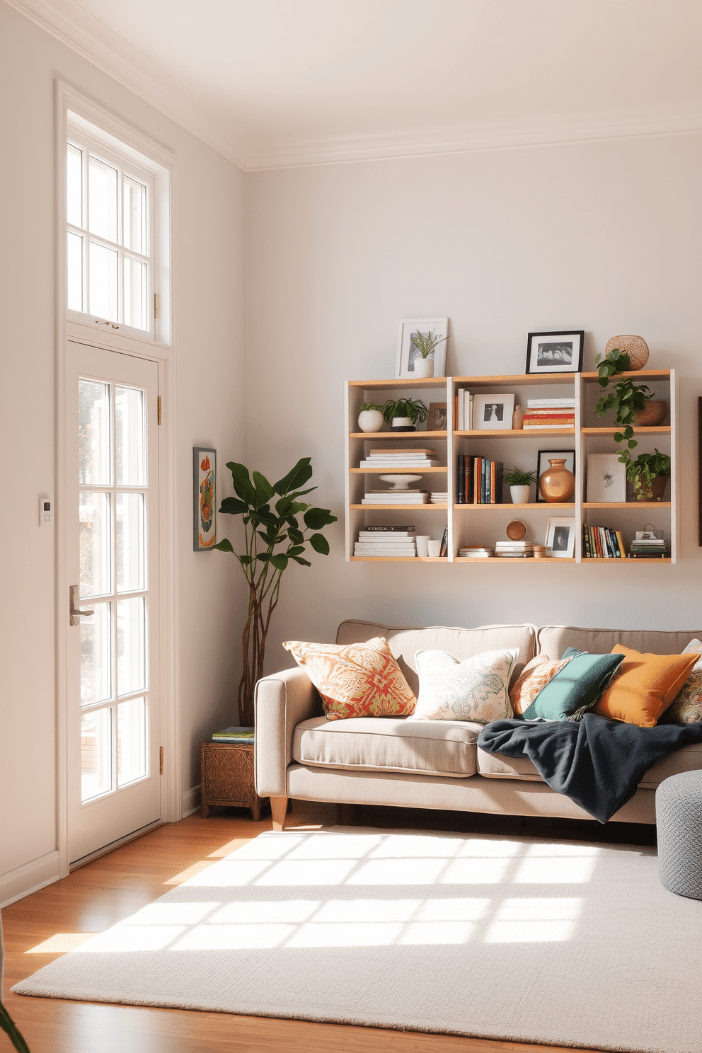 A bright and airy living room filled with natural light. The walls are painted in a soft pastel hue, and the floor is covered with a light-colored area rug. In one corner, there is an open shelving unit displaying an array of decorative items such as books, plants, and art pieces. A comfortable sofa is adorned with colorful throw pillows, creating a cozy and inviting atmosphere.