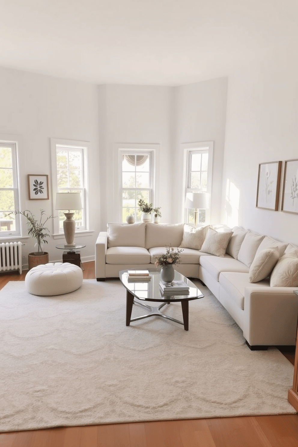 A bright and airy living room filled with natural light. A plush sectional sofa in a soft pastel hue faces a modern coffee table made of glass and wood. In one corner, a soft pouf adds extra seating and a pop of color. The walls are adorned with framed botanical prints, and a large area rug anchors the space, creating a cozy atmosphere.