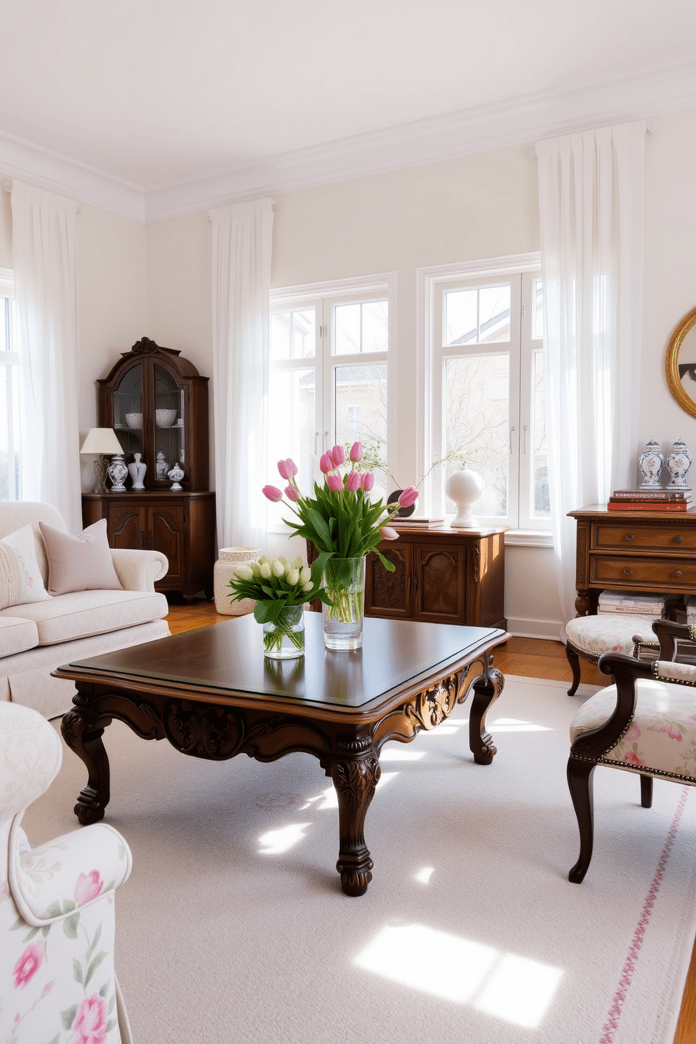 A bright and airy spring living room featuring a vintage wooden coffee table with intricate carvings. The table is adorned with a bouquet of fresh tulips in a classic vase, surrounded by soft pastel-colored cushions on a plush sofa. The walls are painted in a light cream color, enhancing the natural light streaming through large windows draped with sheer white curtains. A cozy armchair in a floral fabric complements the space, while a vintage sideboard displays delicate porcelain figurines and books.