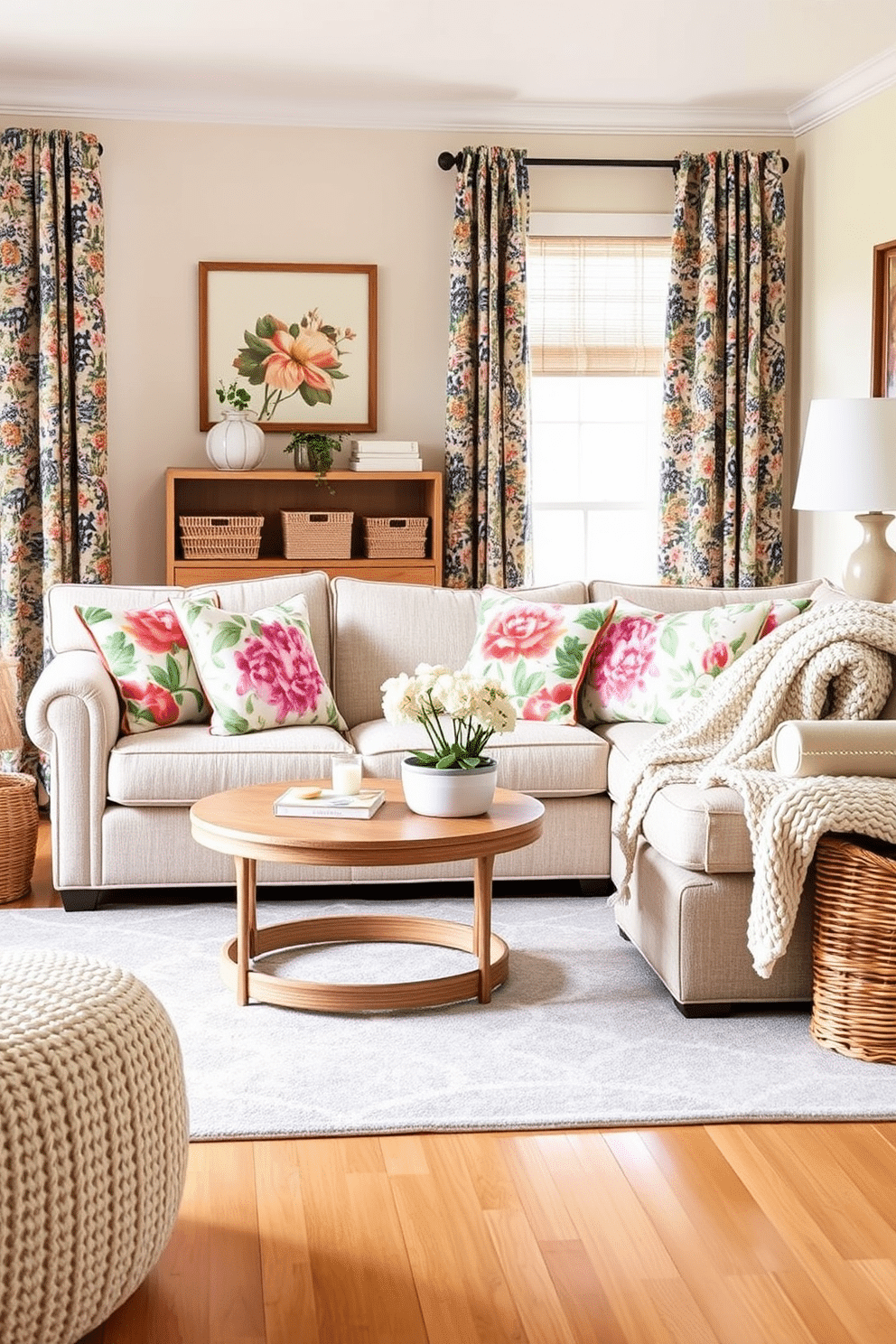 Create a playful mix of patterns in a spring living room. Incorporate vibrant floral prints on the sofa cushions and a geometric area rug to add visual interest. Use pastel colors for the walls and accent pieces to create a fresh and airy atmosphere. Add a variety of textures with a knitted throw blanket and woven baskets for storage.