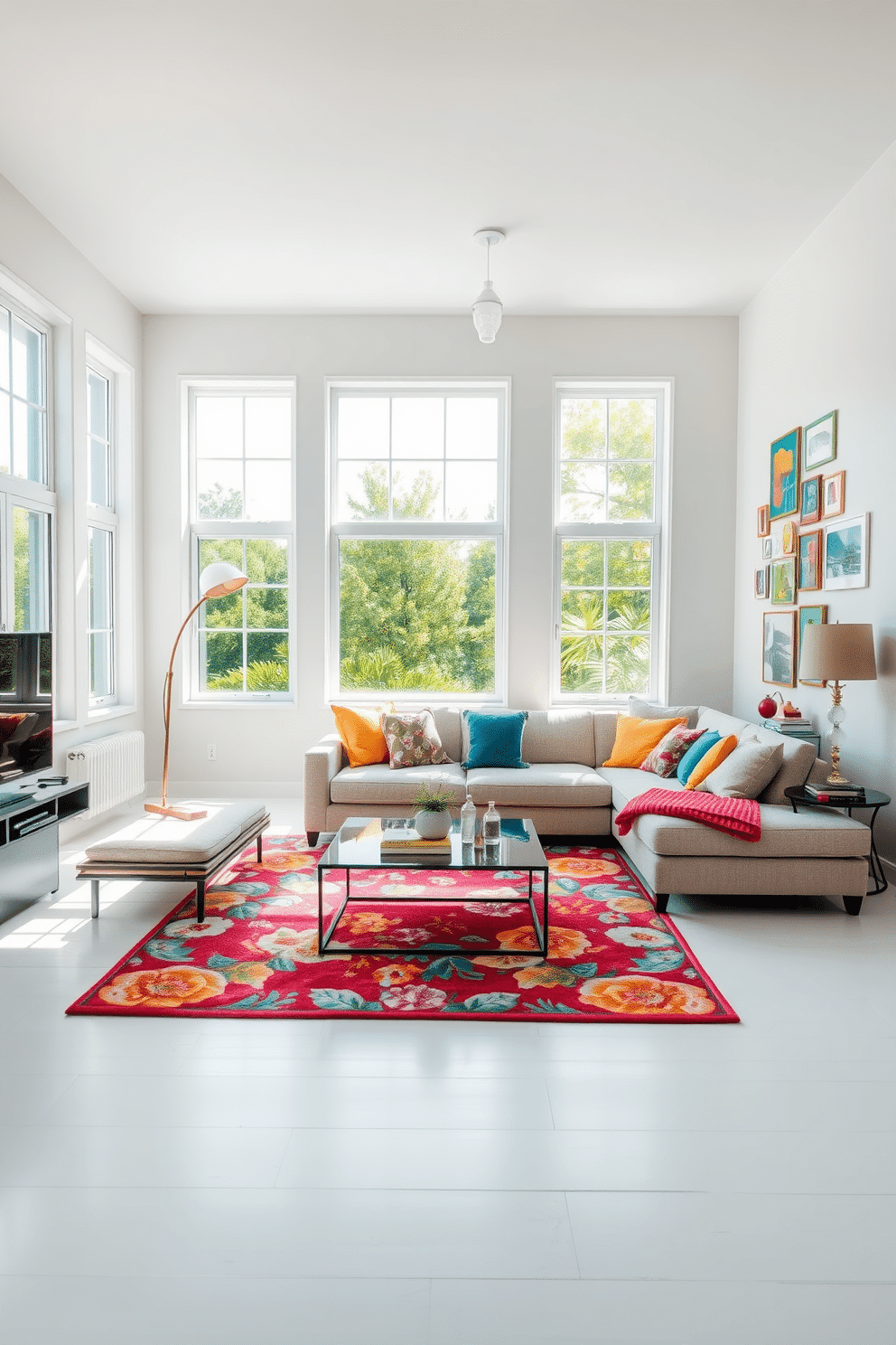 A bright and airy living room filled with natural light. The walls are painted in a soft white, and large windows offer a view of a lush garden outside. In the center, a comfortable sectional sofa is adorned with colorful throw pillows. A vibrant area rug with floral patterns adds warmth and texture to the space. A stylish coffee table sits atop the rug, surrounded by a few decorative books and a small potted plant. On the wall, a gallery of framed art pieces in cheerful colors brings personality to the room.