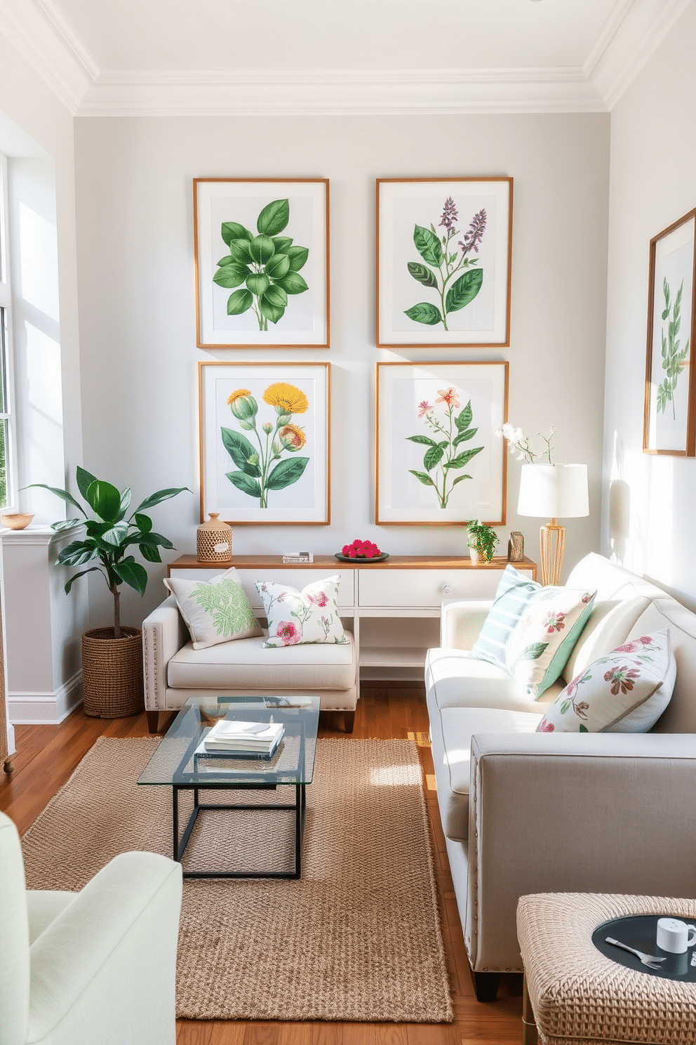 A bright and airy living room featuring botanical prints displayed on the walls. The space is filled with natural light, highlighting the fresh greenery and vibrant colors of the artwork. A comfortable sofa in soft pastel tones is paired with a textured area rug. Decorative cushions in floral patterns add a touch of spring charm to the seating area.