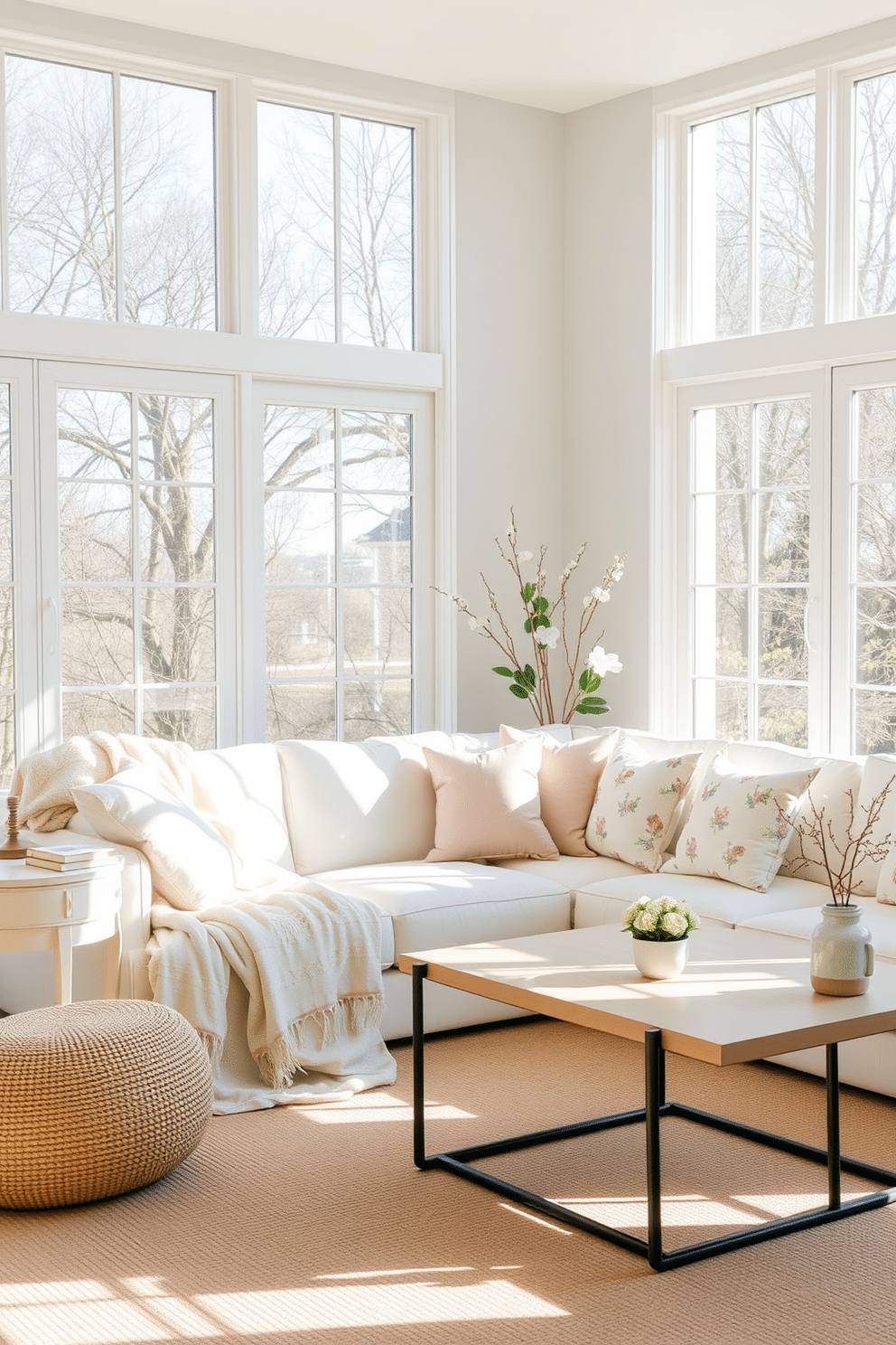 A bright and airy living room featuring a light color palette. Soft, lightweight throws are draped over a modern sofa, creating a cozy yet fresh atmosphere. Large windows allow natural light to flood the space, highlighting the pastel accents in the decor. A mix of floral cushions and a simple coffee table complete the inviting spring aesthetic.